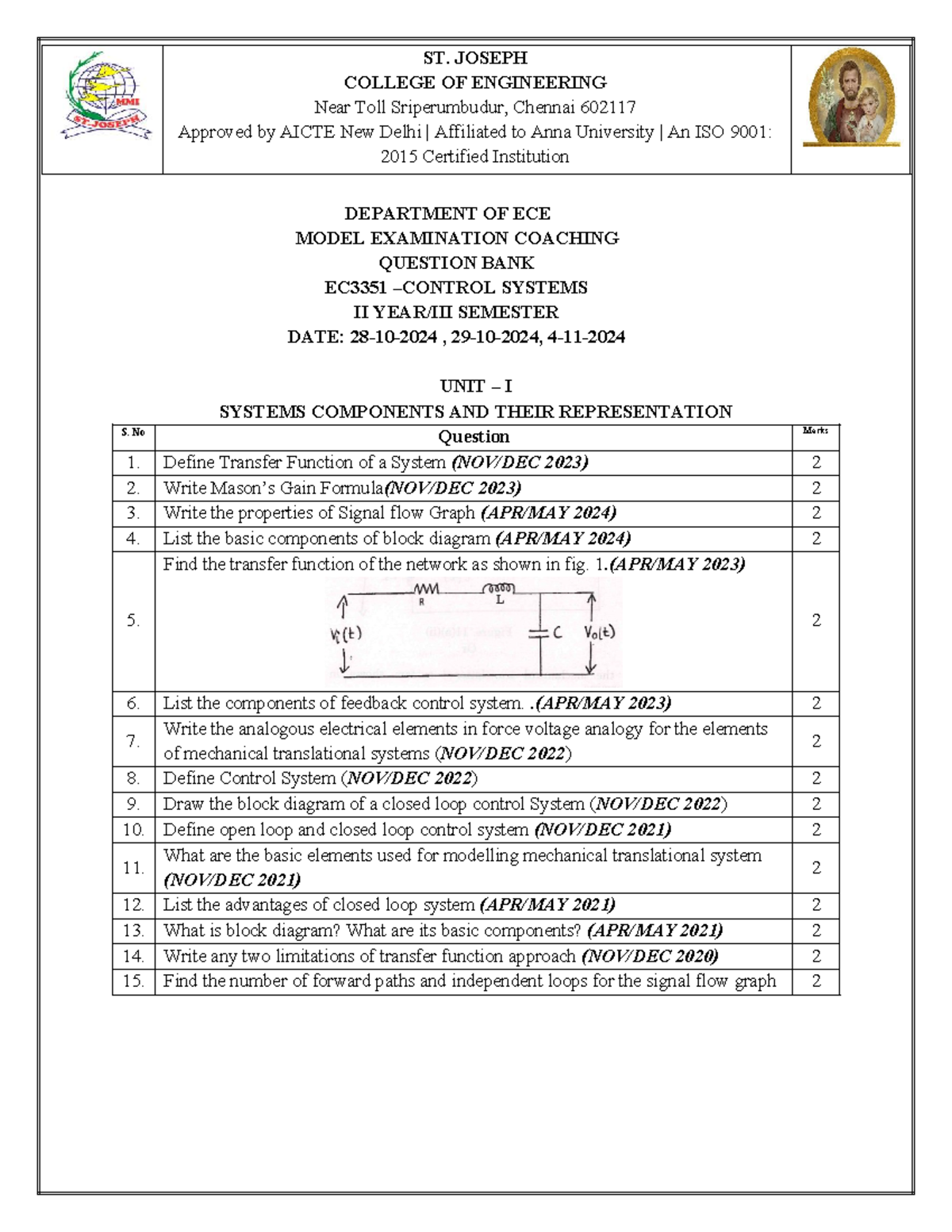 EC3351 - Control Systems Model Exam Question Bank - Studocu