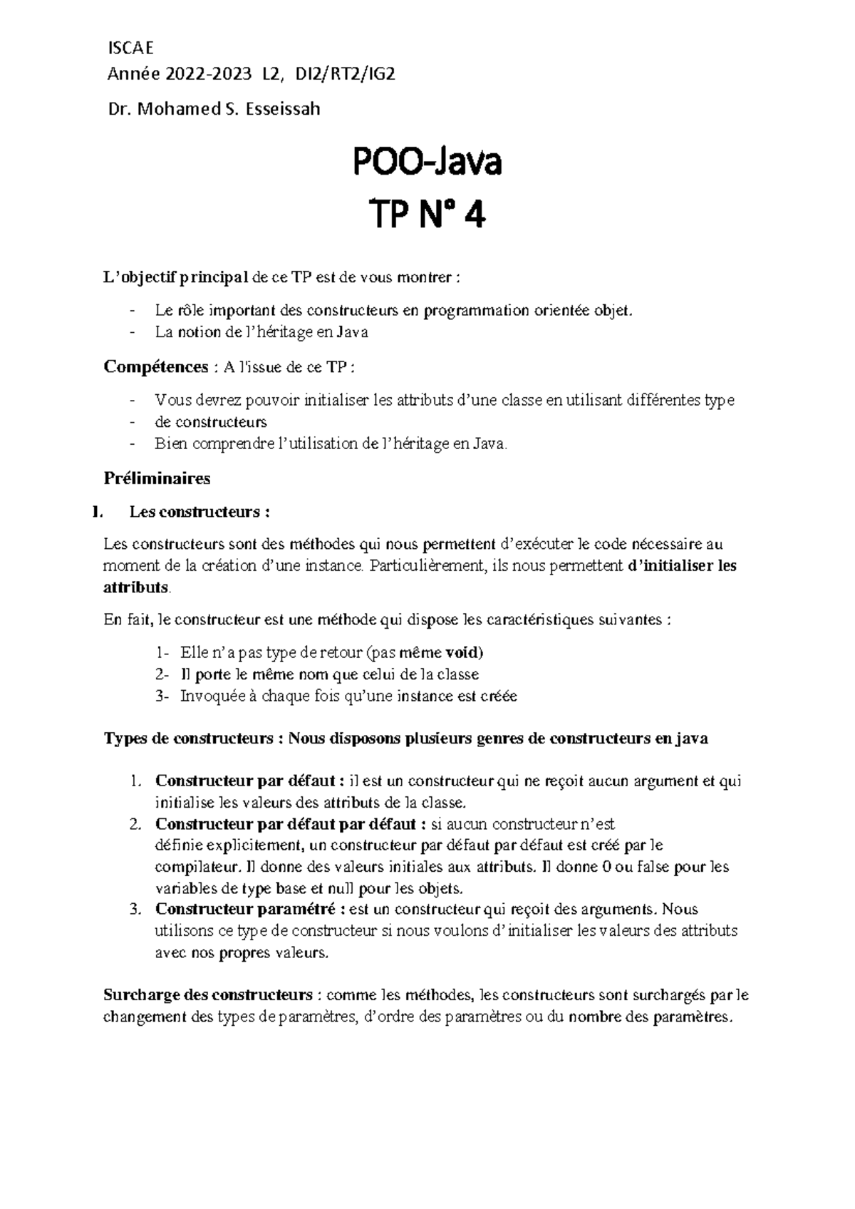TP 04 - Travaux Pratiques sur POO en Java : Constructeurs et Héritage ...