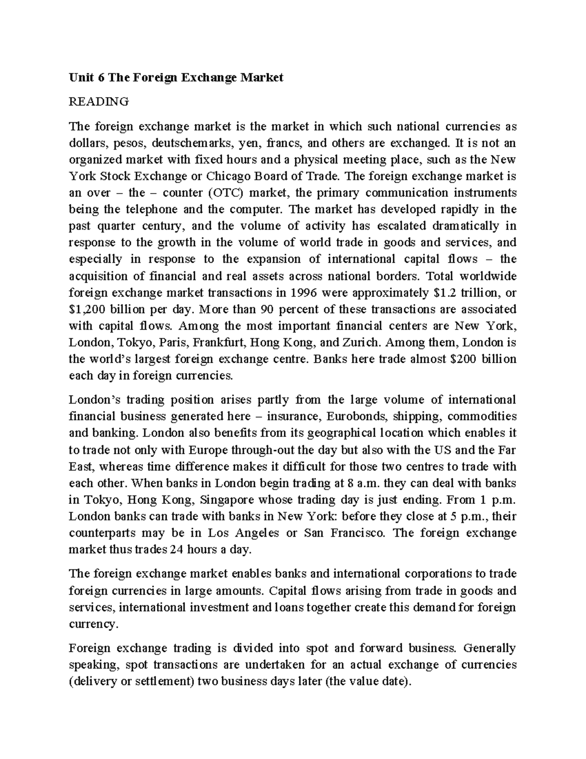 Unit 6: The Foreign Exchange Market Overview and Key Concepts - Studocu