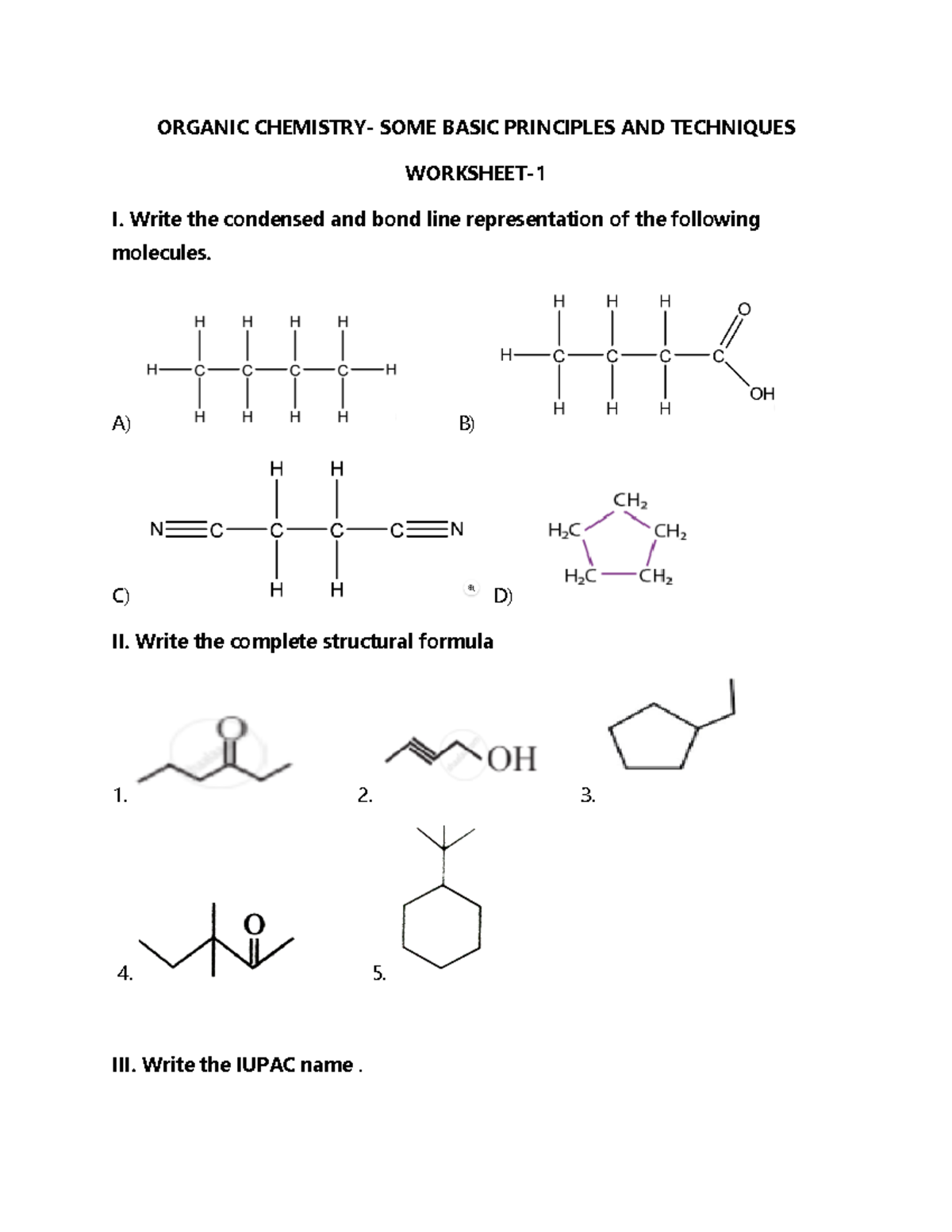 Organic Chemistry - I Worksheet 1 for Class XI: Basic Principles ...