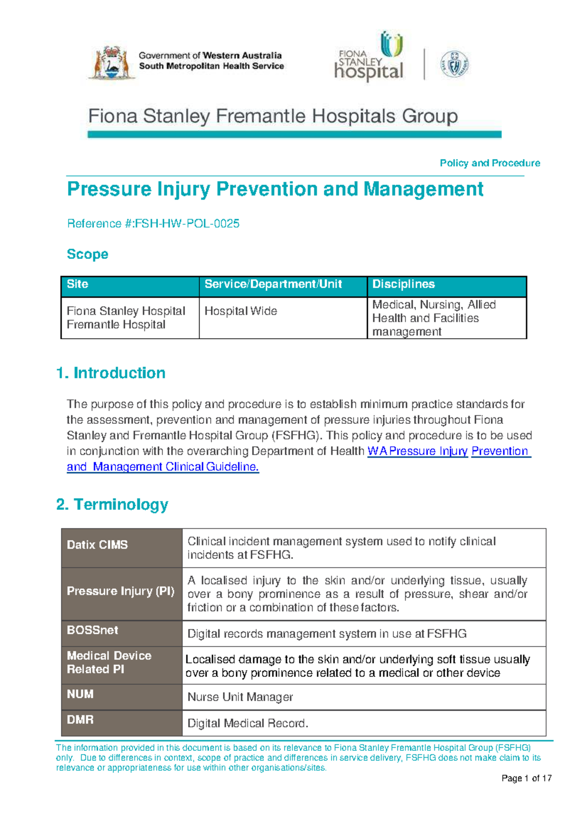 Pressure Injury Prevention and Management Policy - FSFHG Guidelines ...