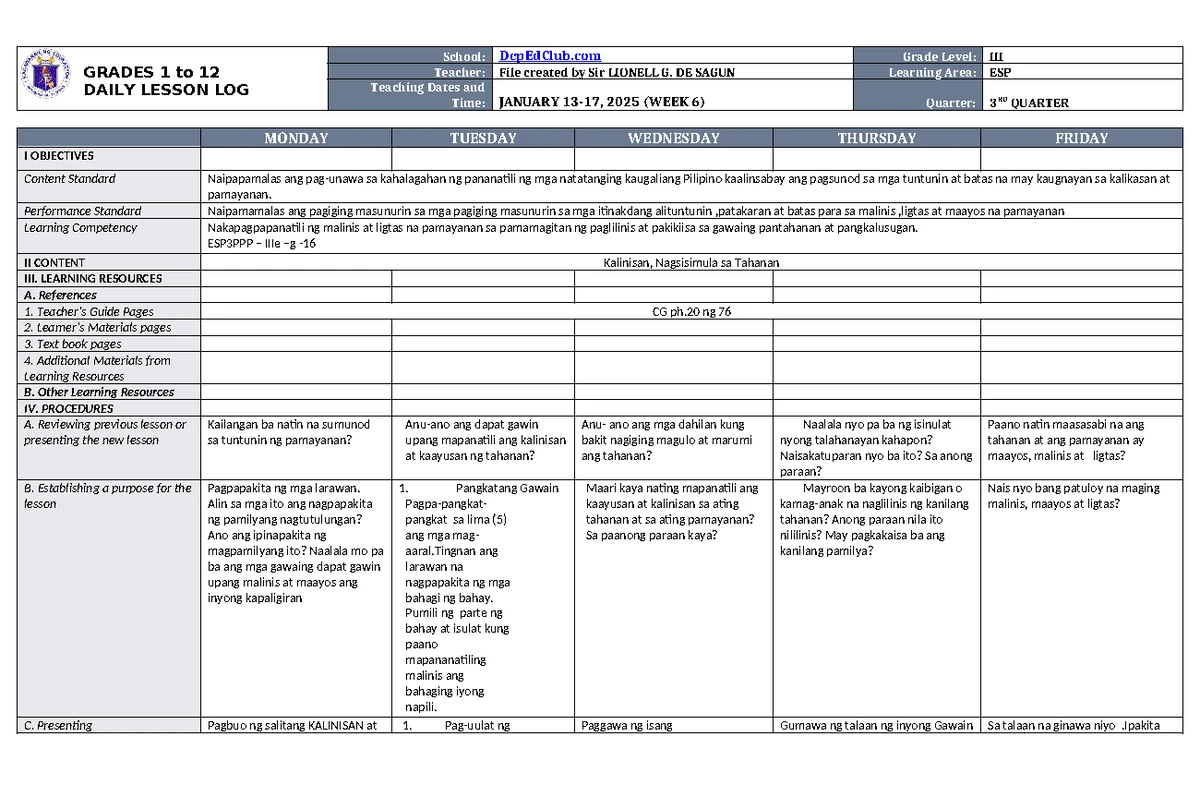 DLL Filipino 3 Q3 W6 - Daily Lesson Log Overview - Studocu