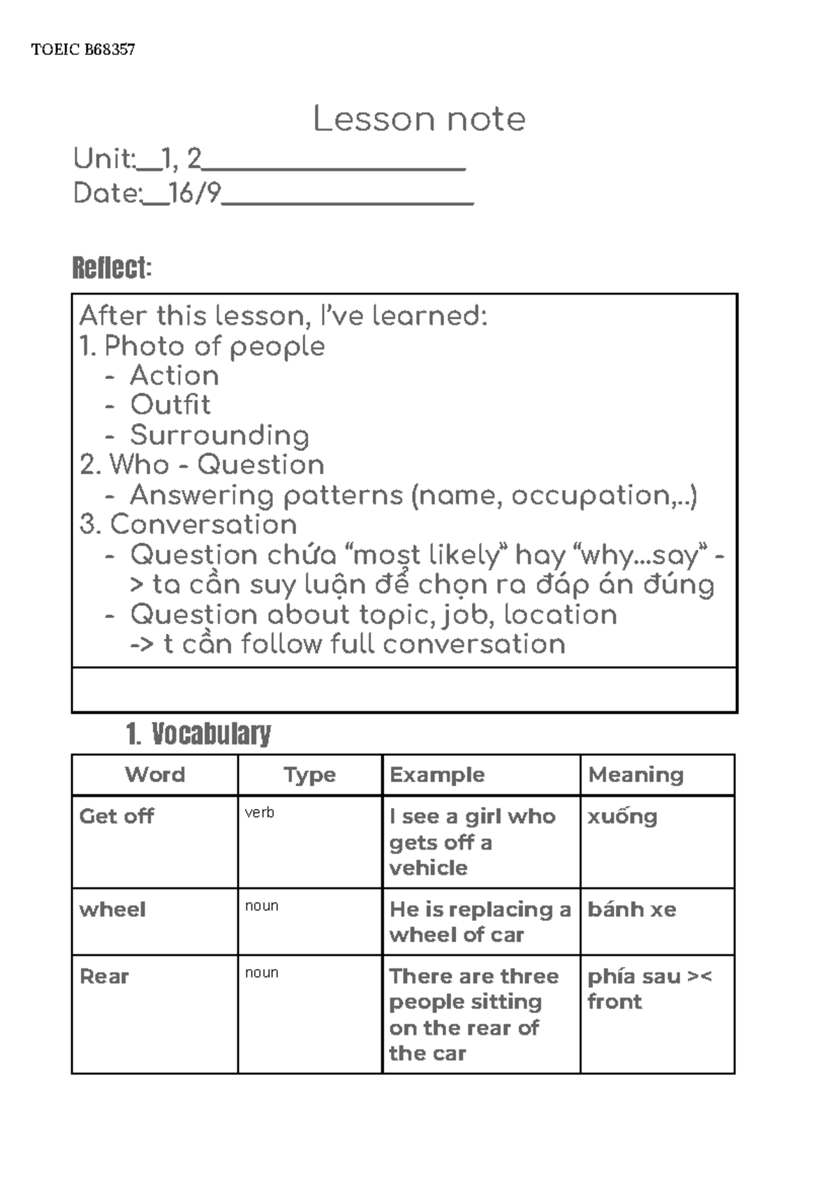 TOEIC B68357 Lesson Notes: Units 1 & 2 Summary (16/9) - Studocu
