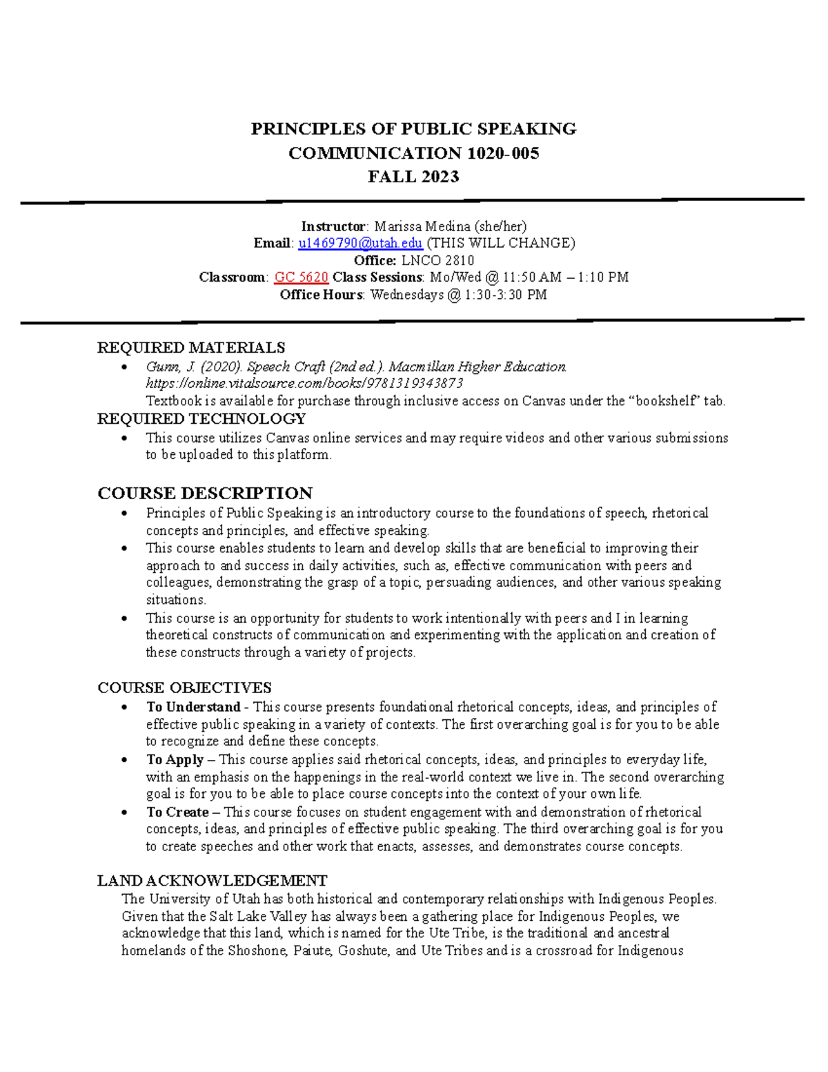 COMM 1020-005 Fall 2023 Updated Syllabus for Public Speaking Course ...