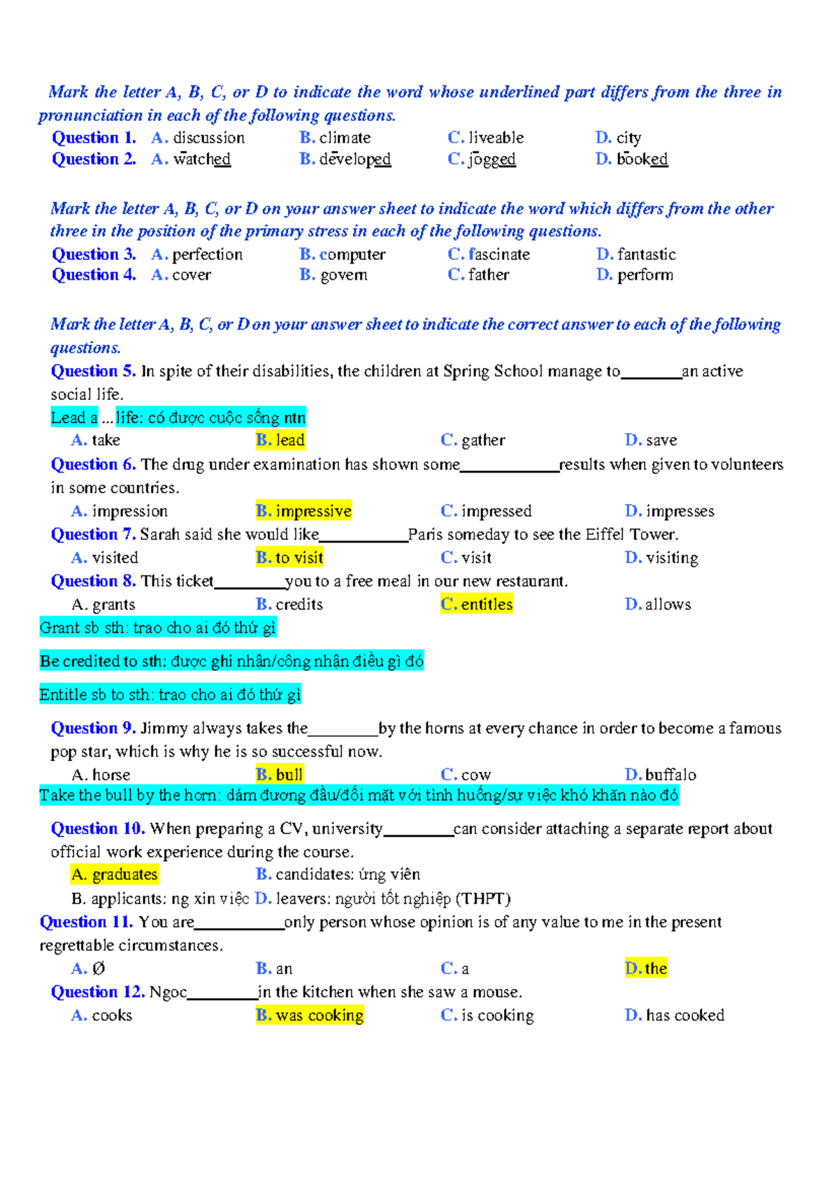De Tieng Anh 4: Pronunciation and Grammar Exercises - 122656 - Studocu