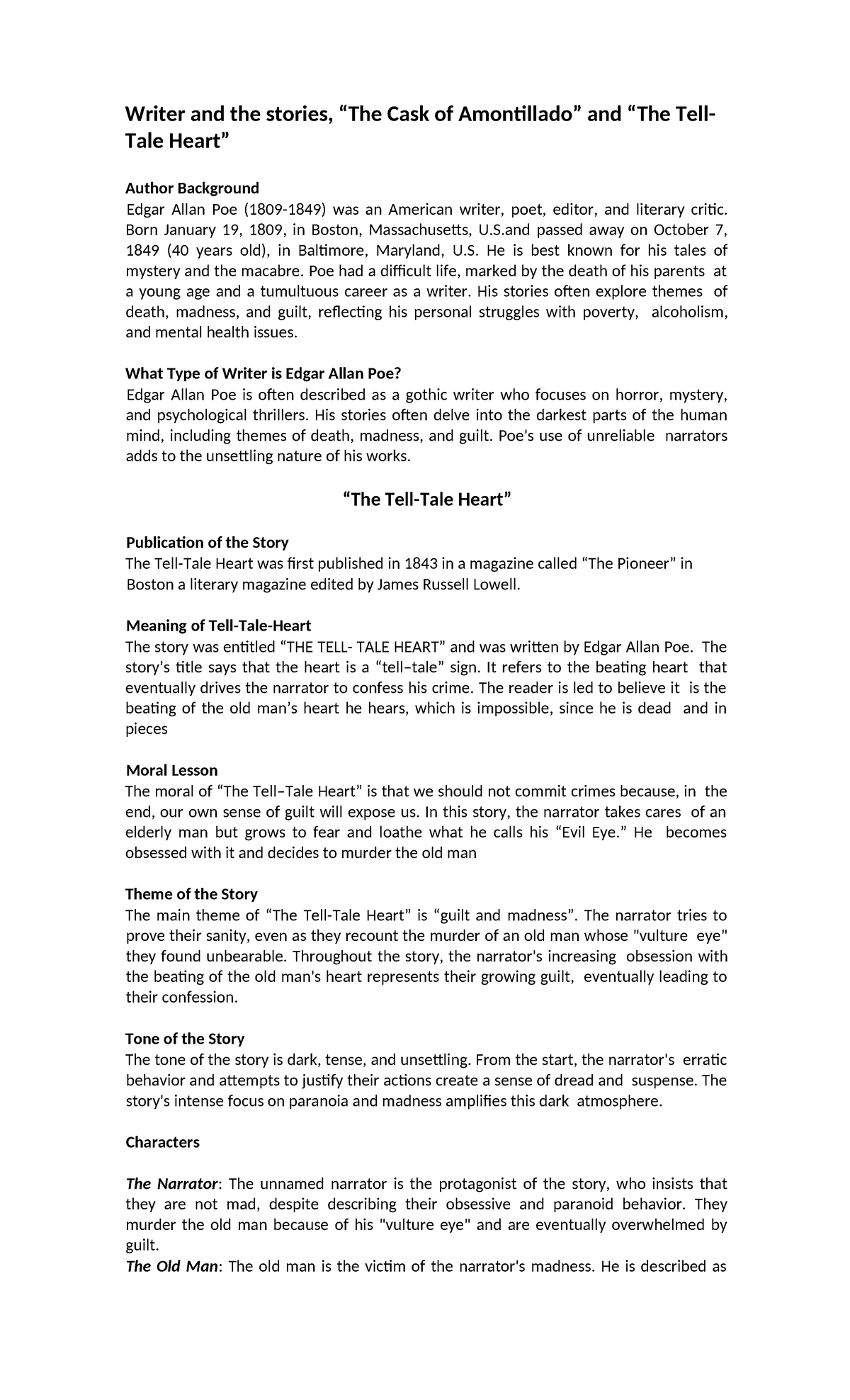 LIT 101 Reporter #4 - Writer and the stories, “The Cask of Amontillado ...