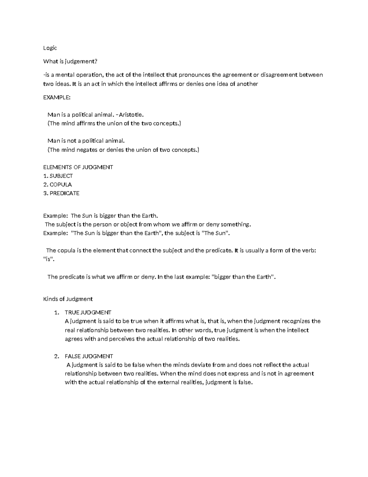 Logic 101: Understanding Judgment and Propositions in Philosophy - Studocu