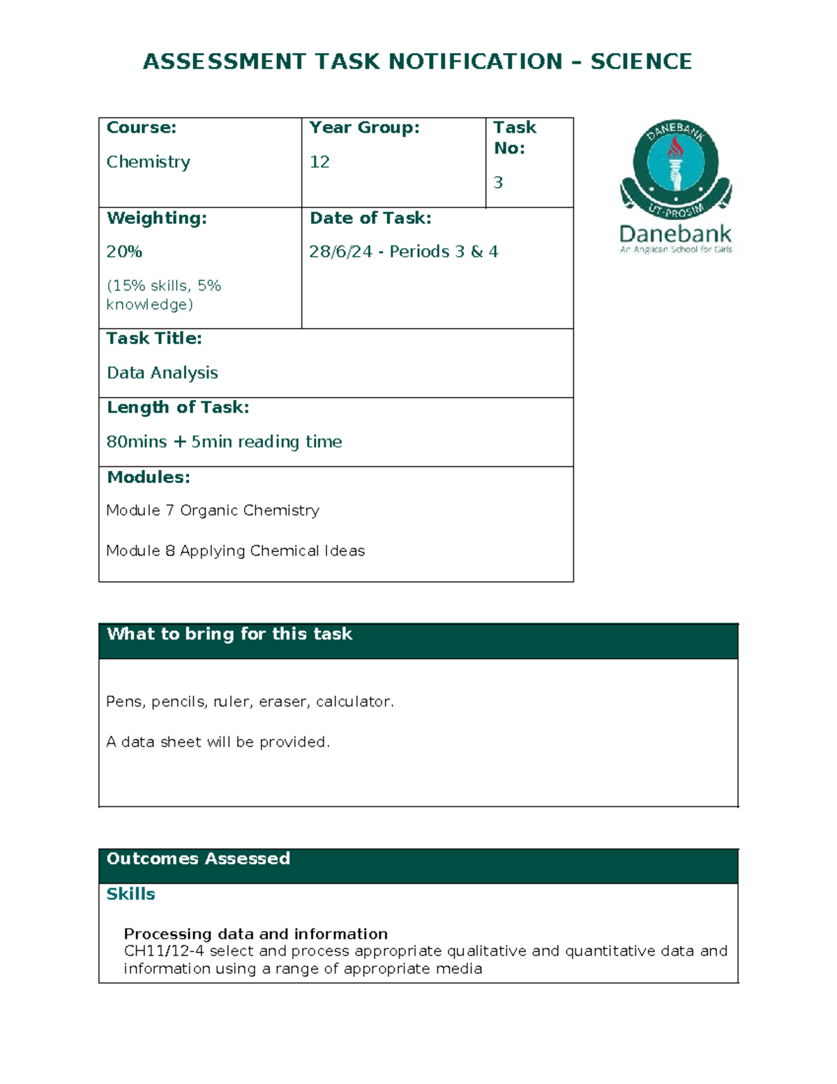 Chemistry 12 Task 3 2024: Data Analysis Assessment Notification - Studocu