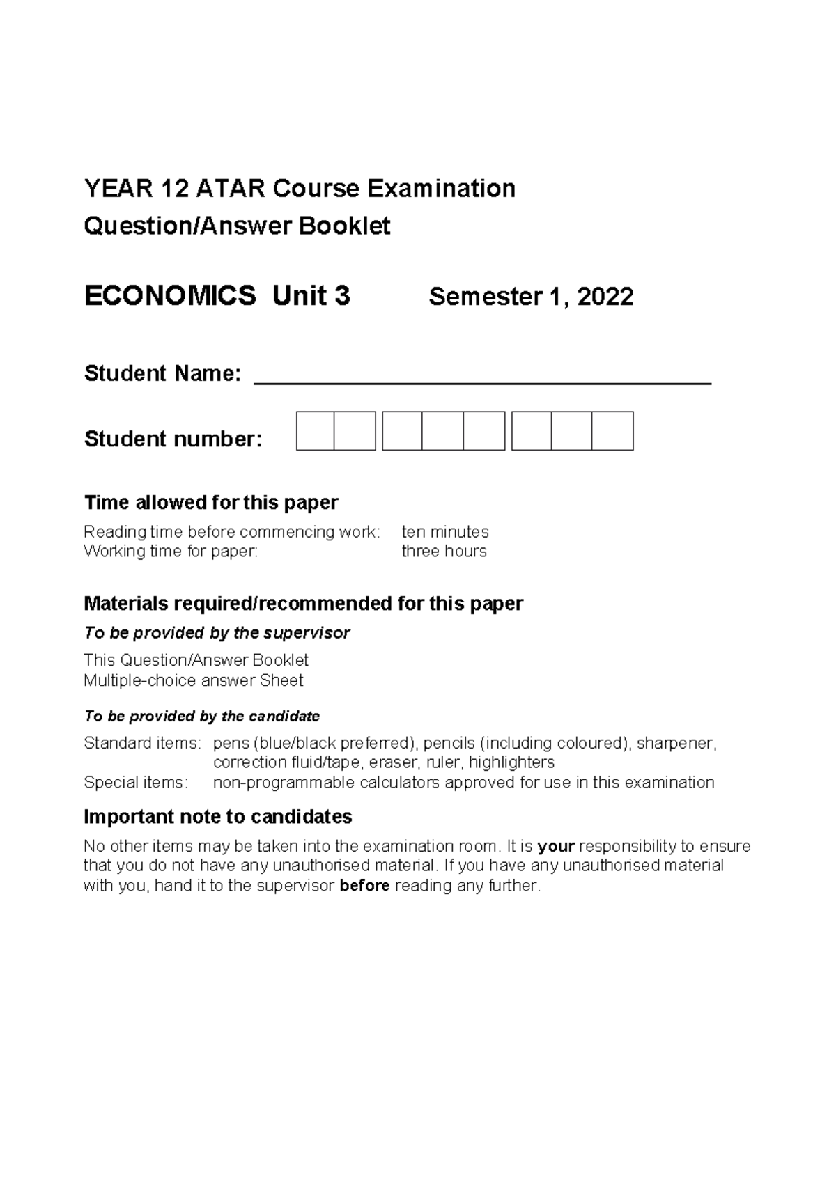YEAR 12 ATAR ECONOMICS Unit 3 Semester 1 Exam Booklet 2022 - Studocu