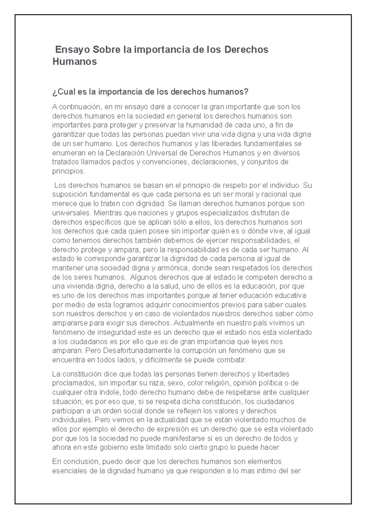 Ensayo sobre la Importancia de los Derechos Humanos en la Sociedad ...