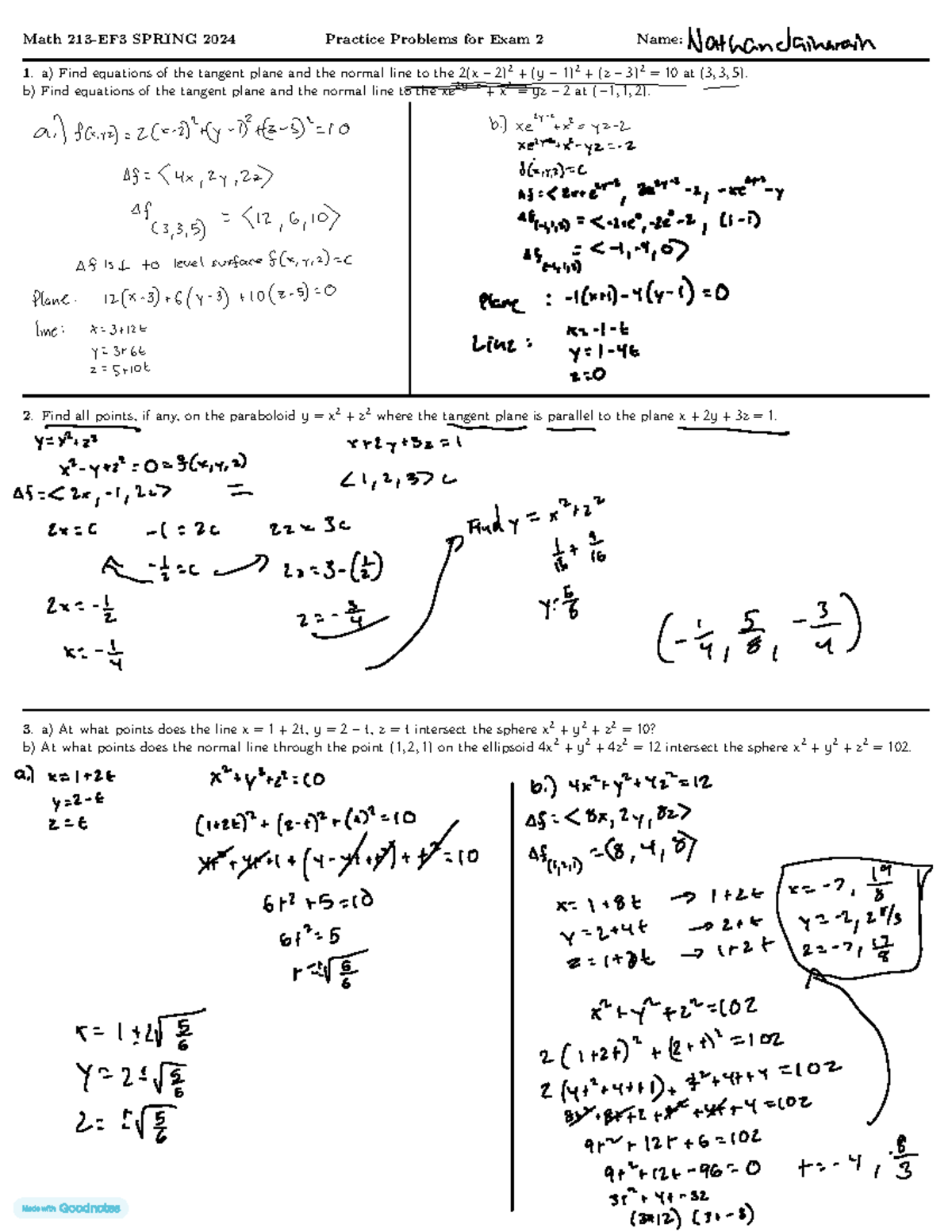 Calc 3 SPRING 2024 Test 2 Practice Problems and Solutions - Studocu