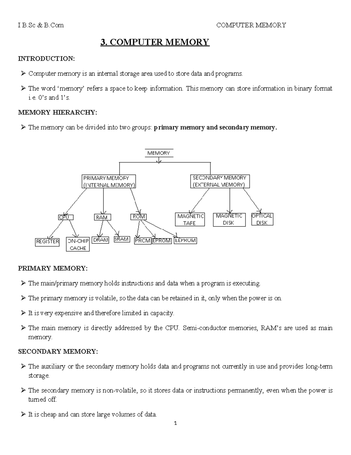 I B.Sc B.Com Computer Memory: Overview and Key Concepts - Studocu