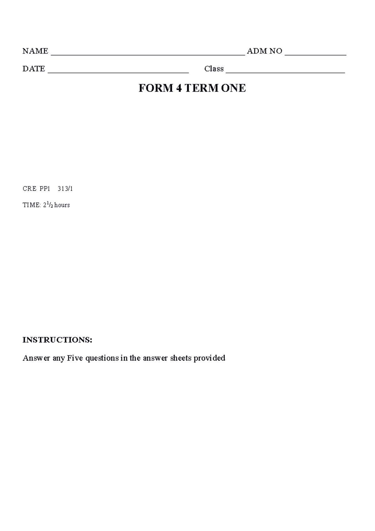 CRE FORM 4 TERM ONE PP1: Study Questions & Guidelines - Studocu