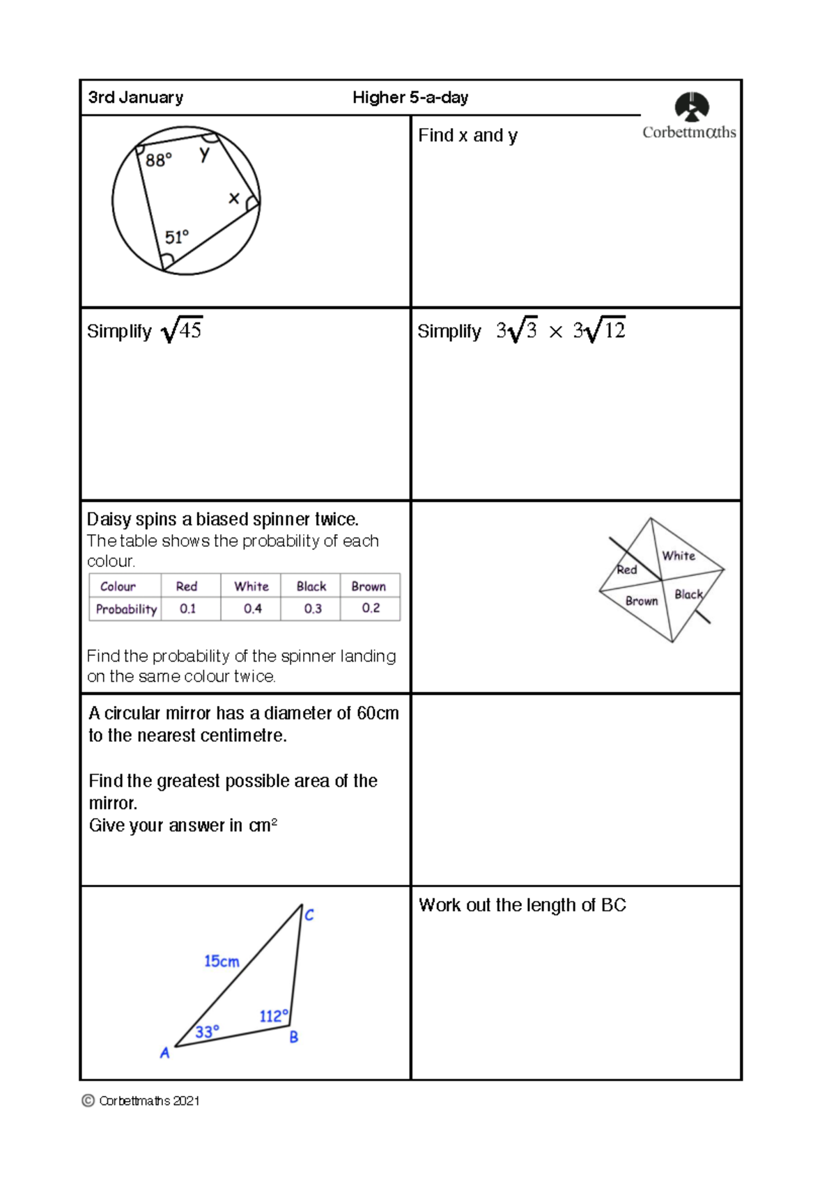 Maths extra good 4 - 3rd January Higher 5-a-day Find x and y A circular ...