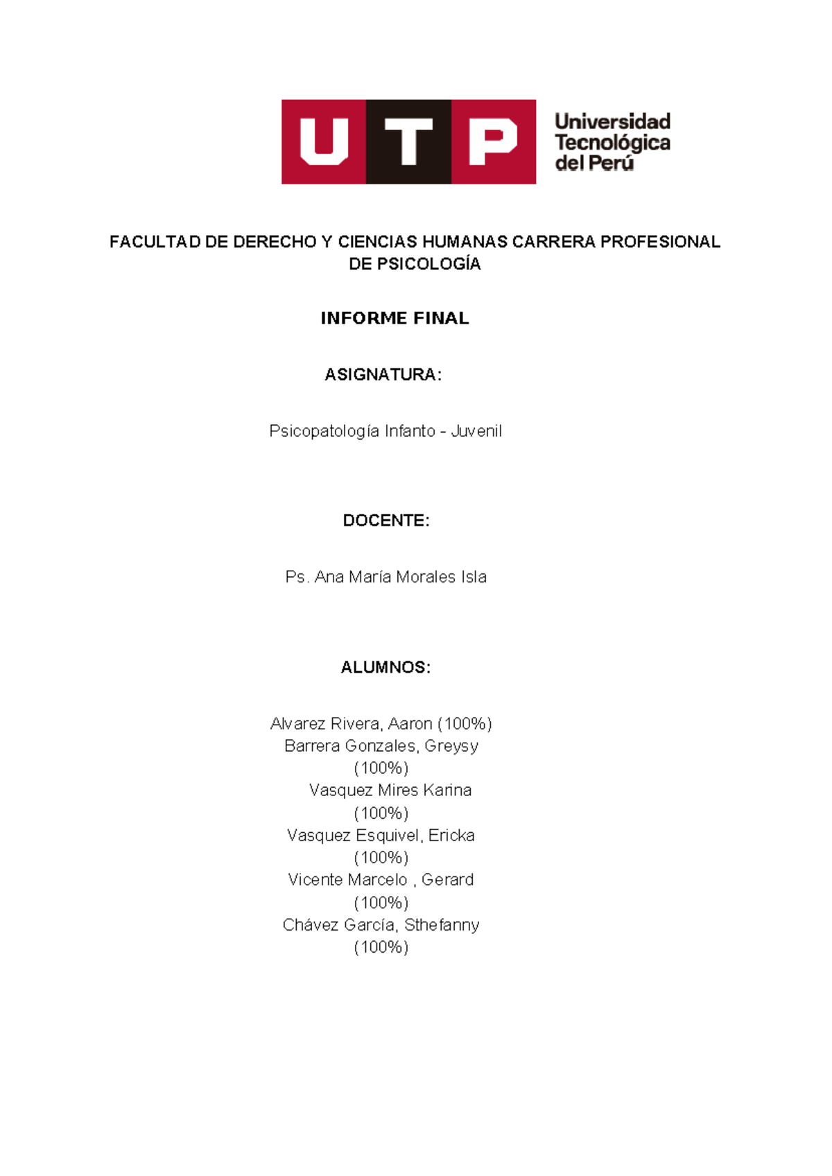 Informe Final: Intervención en Psicopatología Infanto Juvenil - TCC - Document Preview