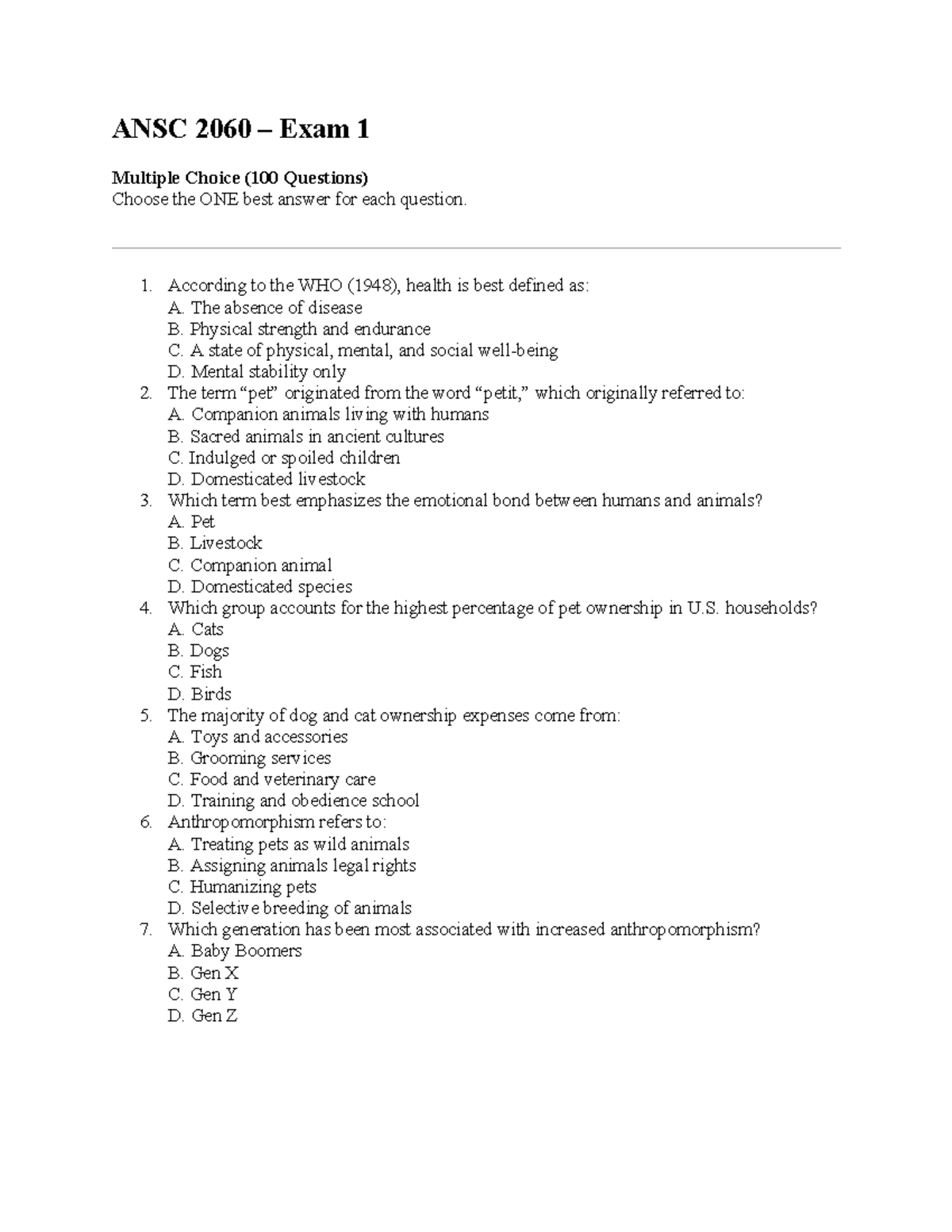 ANSC 2060 Exam 1 Practice Questions and Answers (100 Items) - Studocu