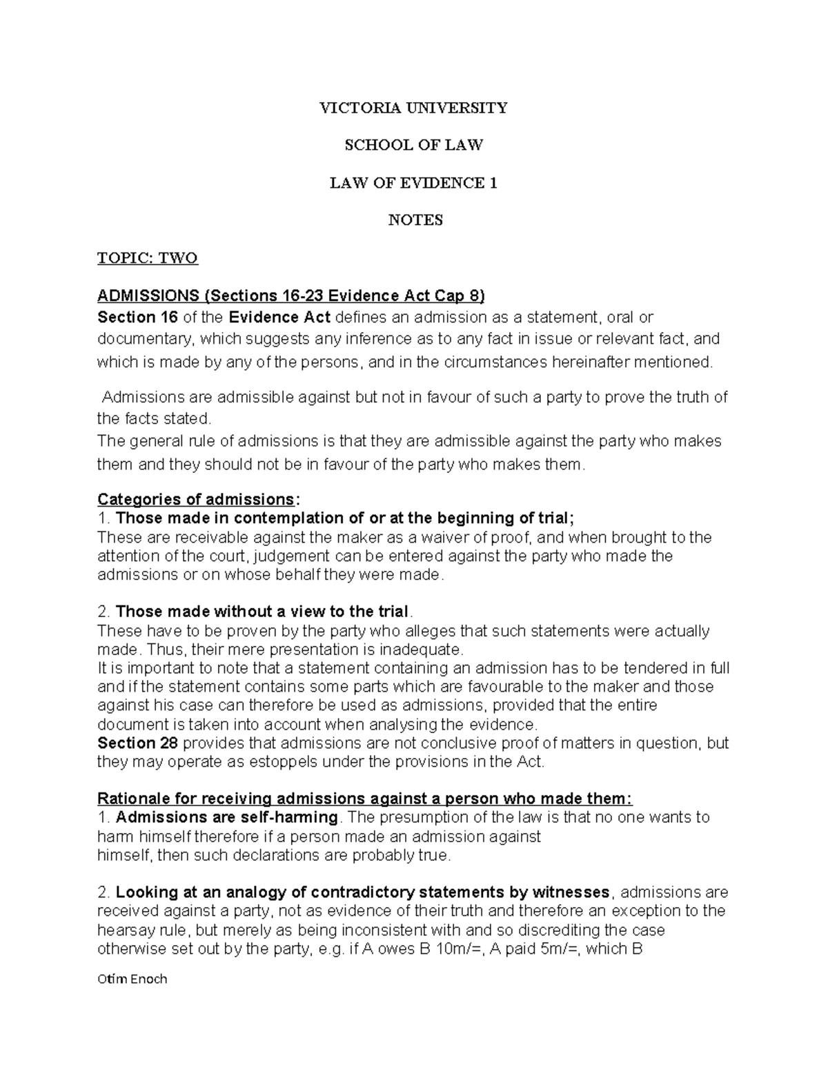 LAW 1: Topic 2 - Admissions in Evidence Law Notes - Studocu