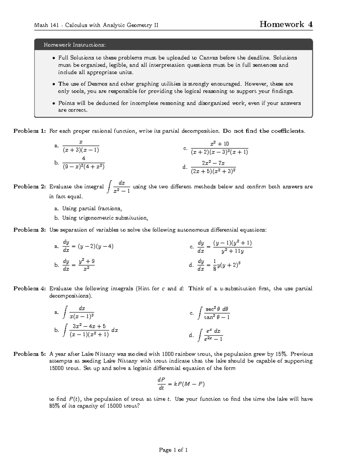 Math 141 Final Exam Solutions: Differential Equations & Integration ...