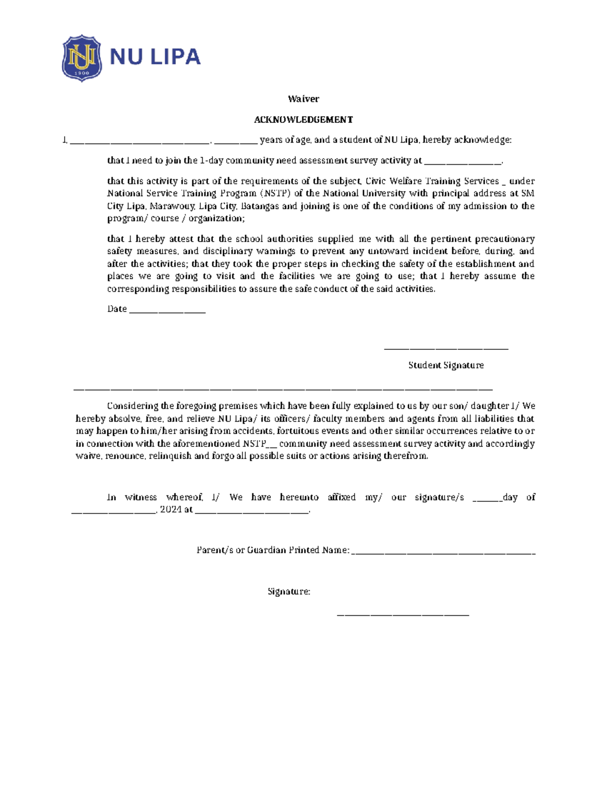 Waiver for CNA - NSTP - Waiver ACKNOWLEDGEMENT I