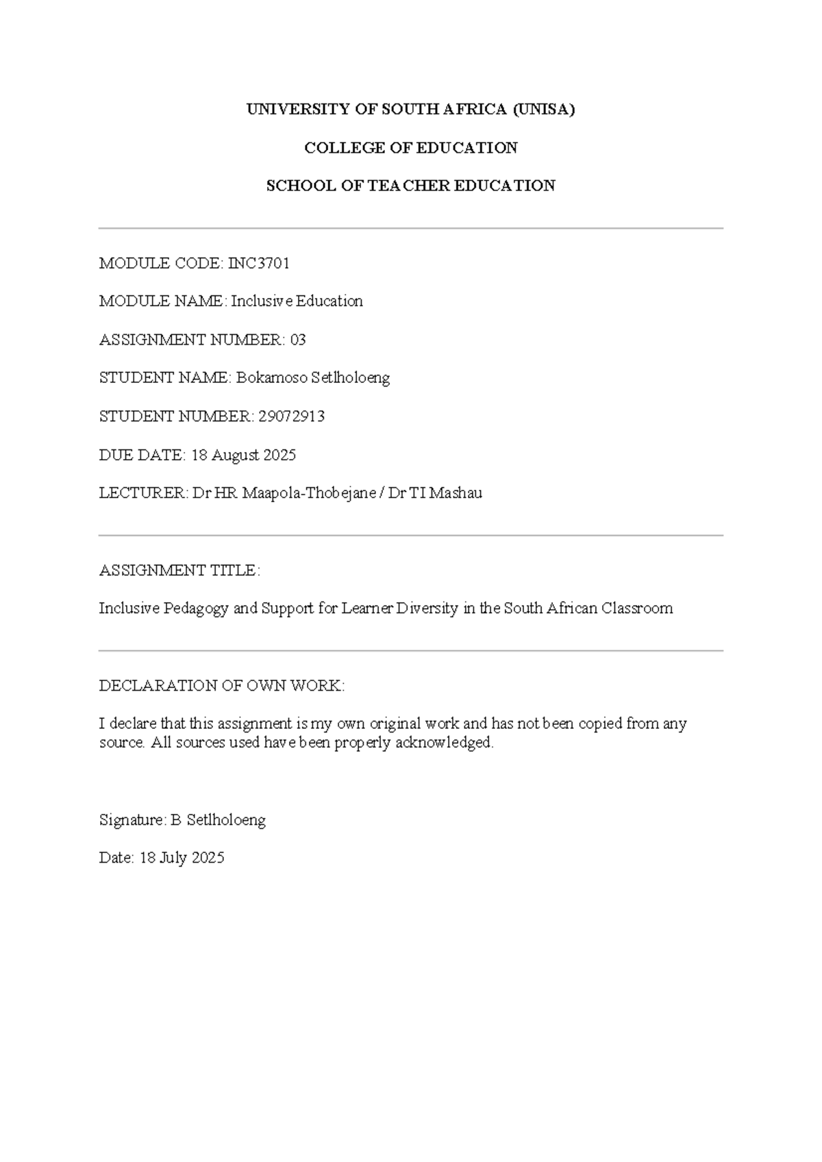 Inclusive Education Assignment 03 (INC3701): Pedagogy & Learner ...