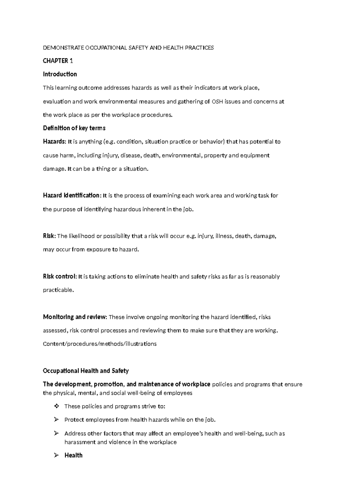 OCCUPATIONAL HEALTH AND SAFETY notes for community health and health ...