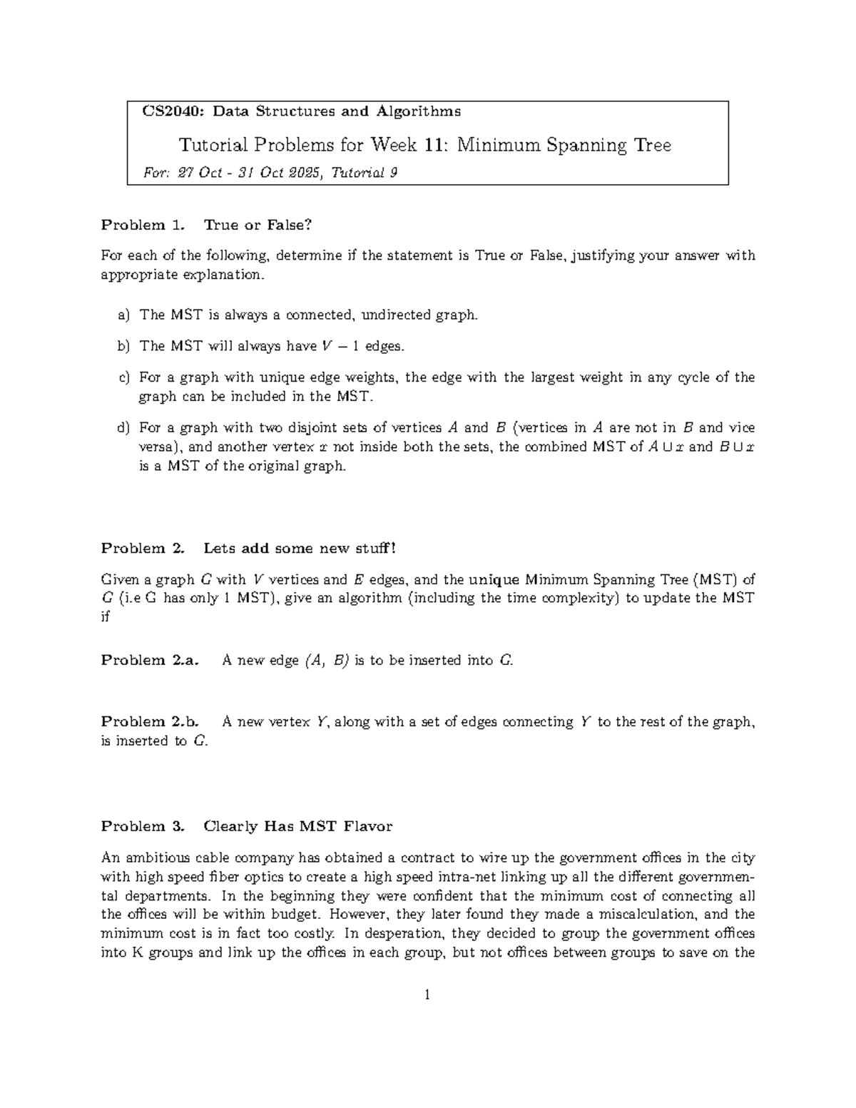 CS2040: Week 11 Tutorial Problems on Minimum Spanning Trees - Studocu