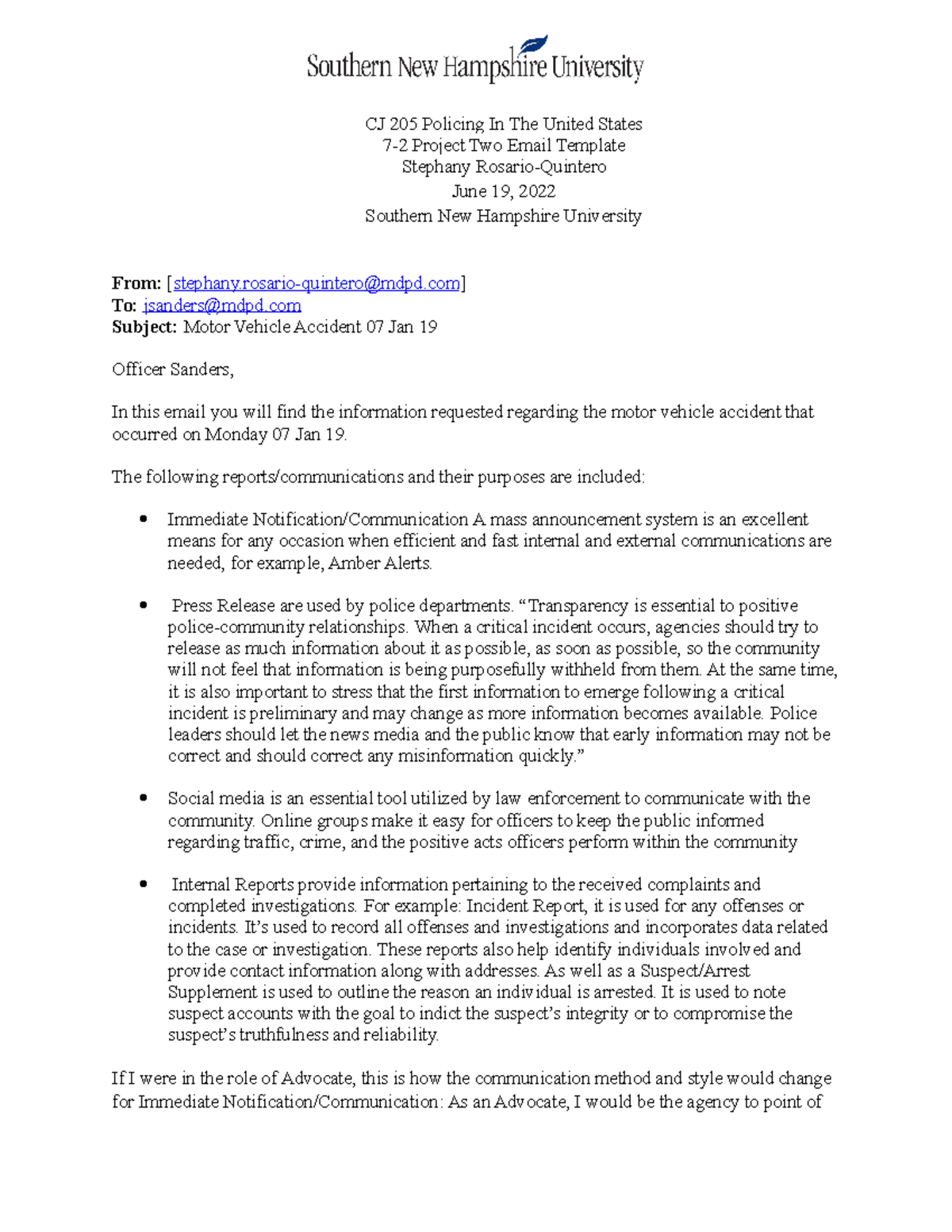 CJ 205 Email Template for Motor Vehicle Accident Report - Studocu