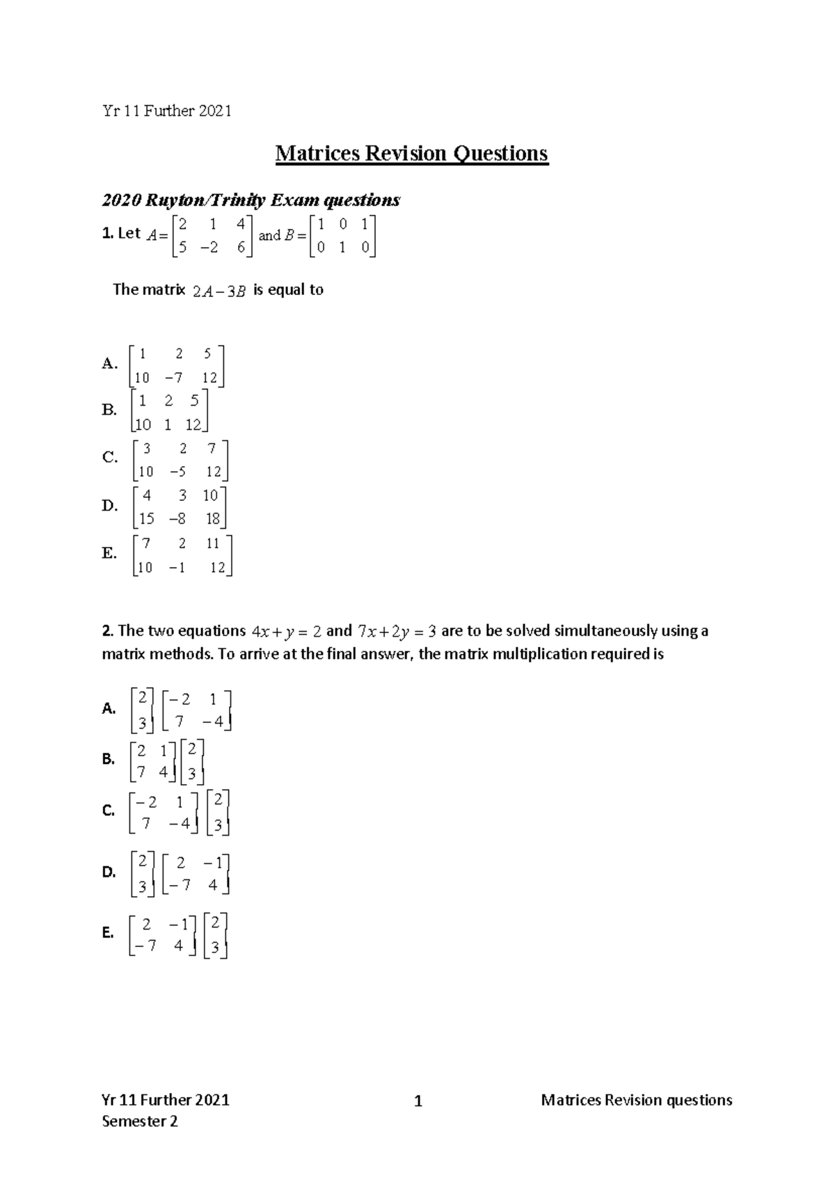 Cambridge matrices exam revision Year 11 2021 - Yr 11 Further 2021 ...