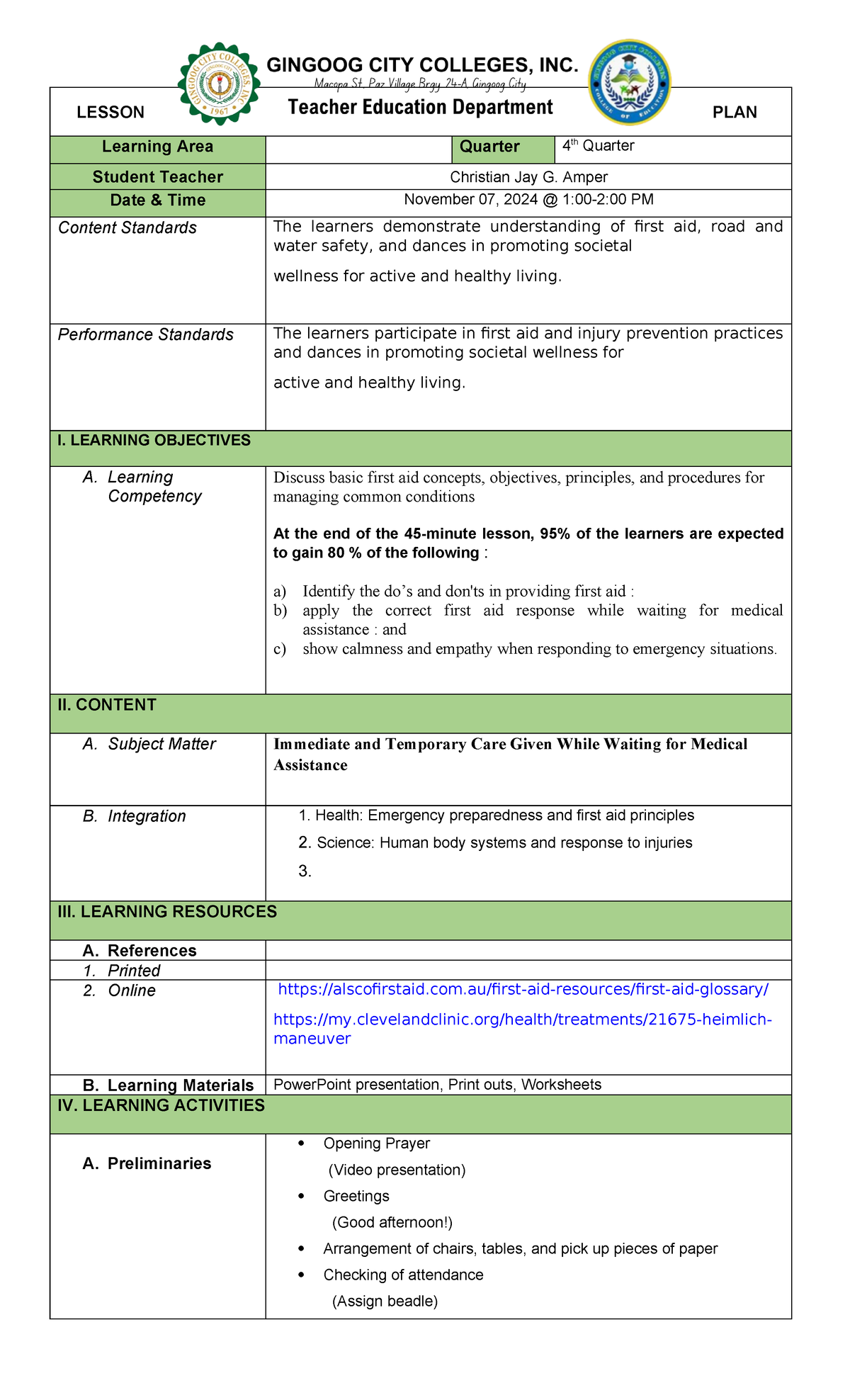PE & Health Grade 7 Lesson Plan: First Aid & Wellness Activities - Studocu