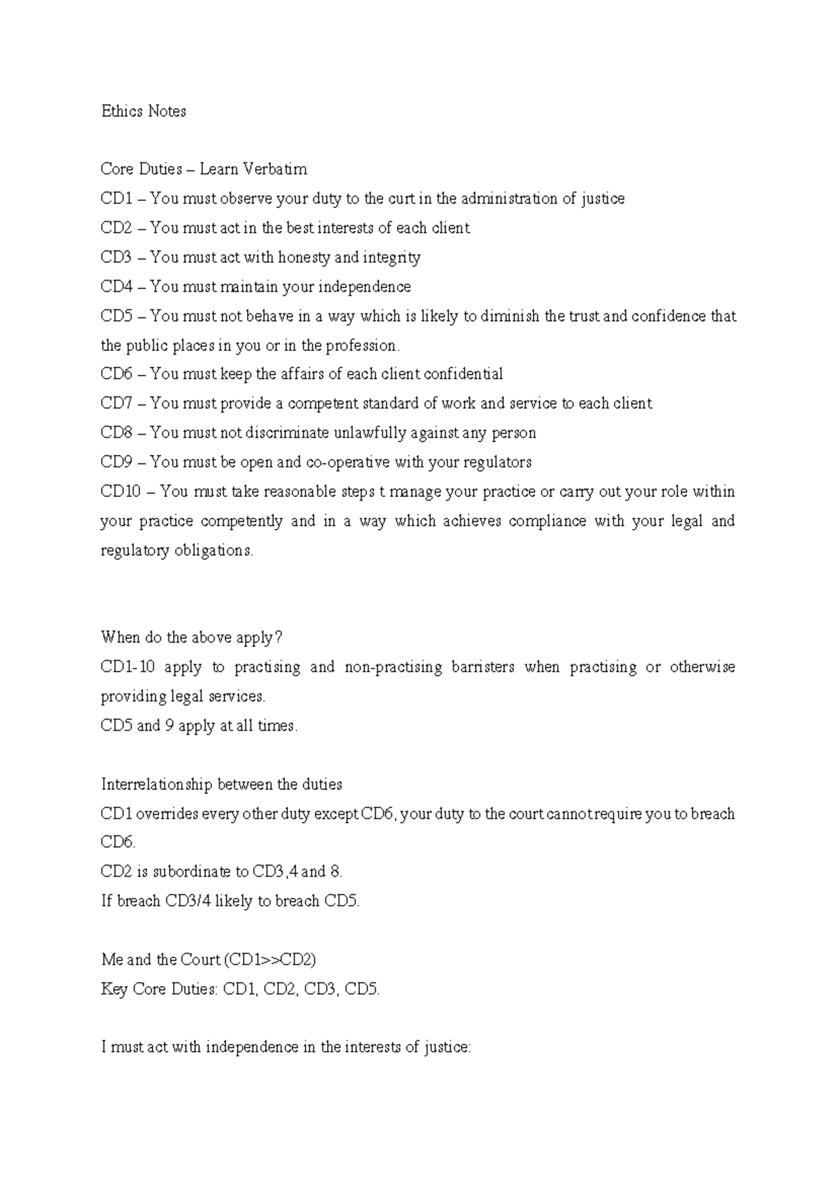 BPTC Ethics CD1-10: Core Duties & Interpretations Notes - Studocu