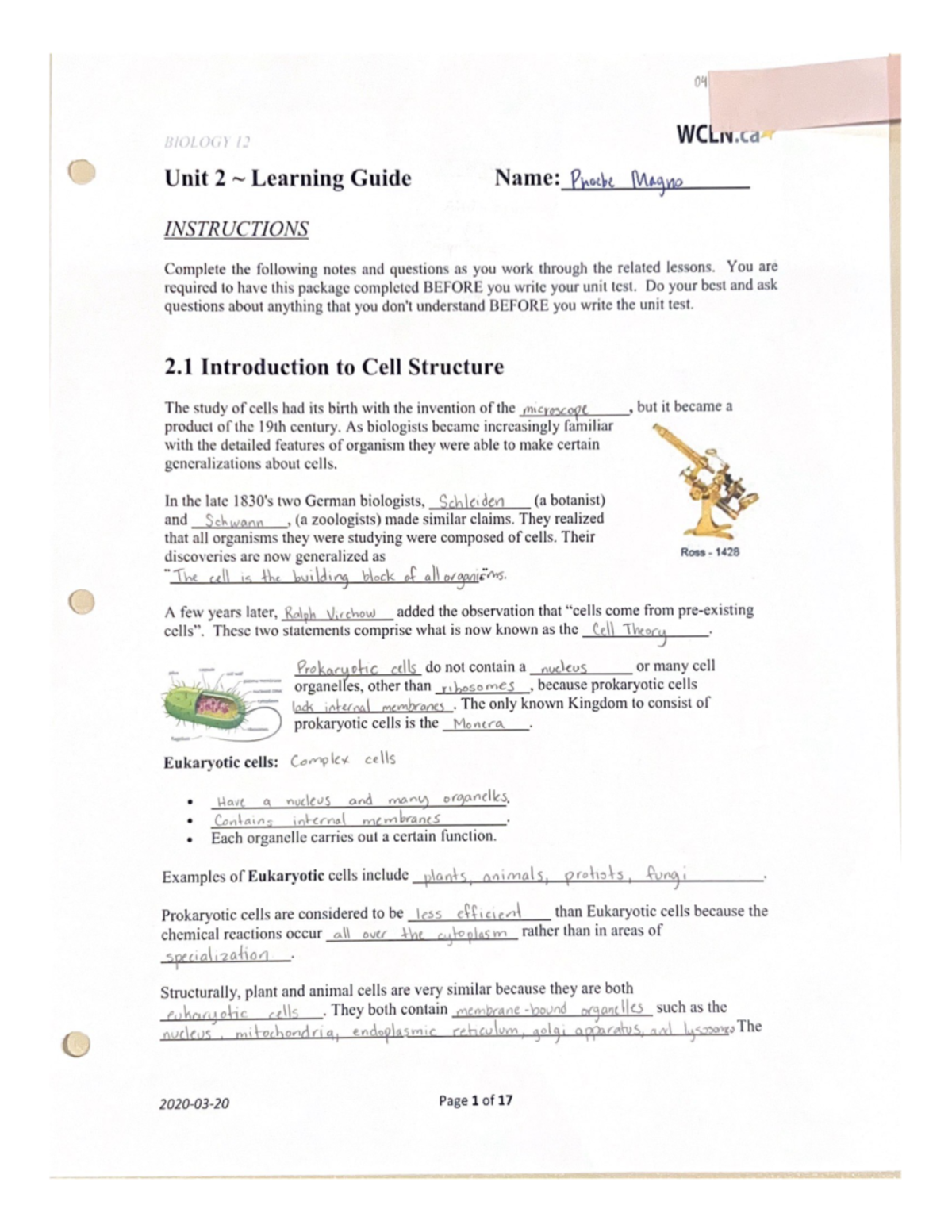 Biology 12: Unit 2 Learning Guide on Cell Structure and Function - Studocu