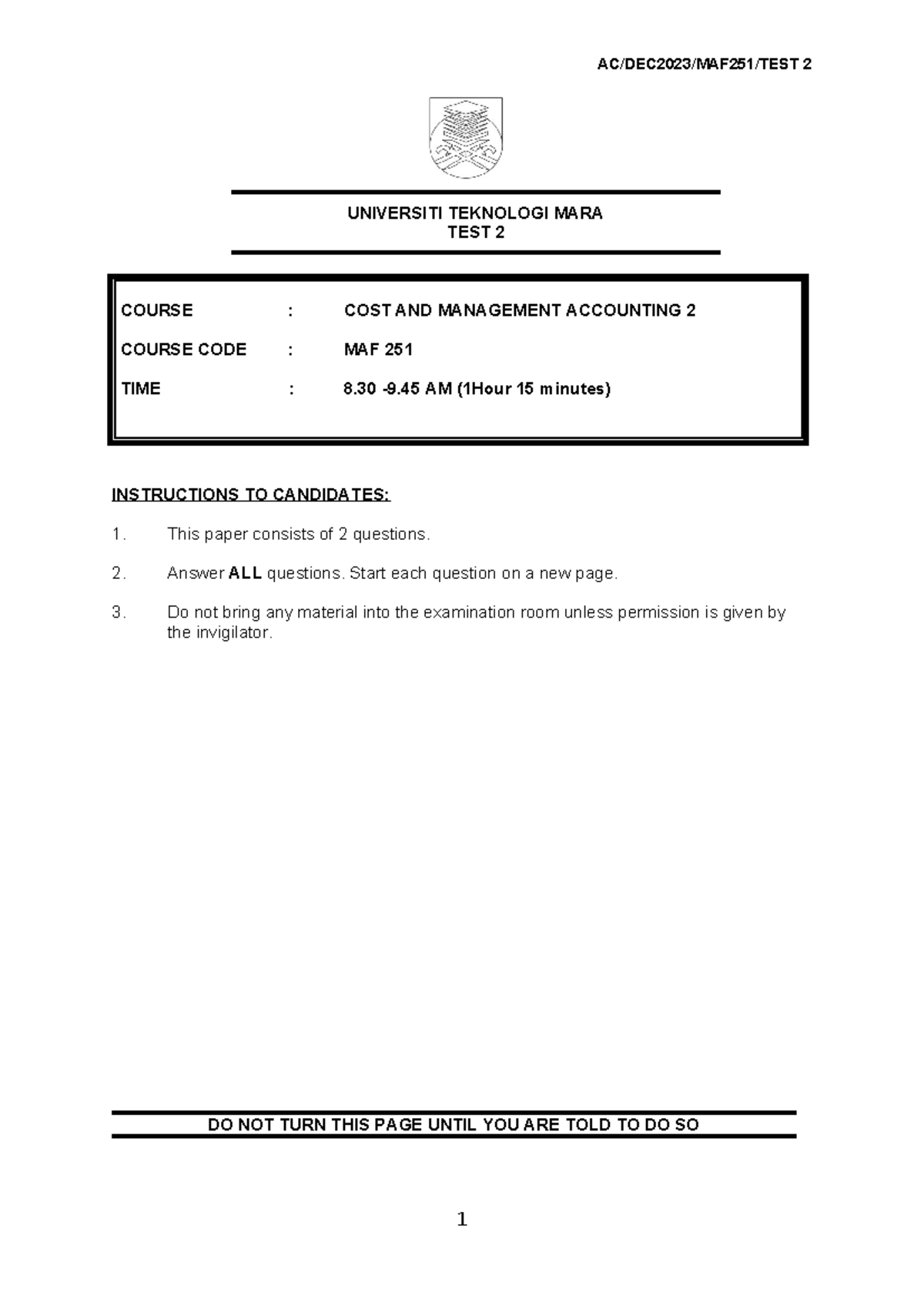 MAF251 Test 2 December 2023 - Cost and Management Accounting - Studocu