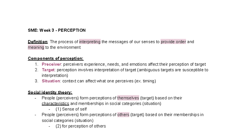 OB Assignment 1: SME Week 3 - Understanding Perception - Studocu