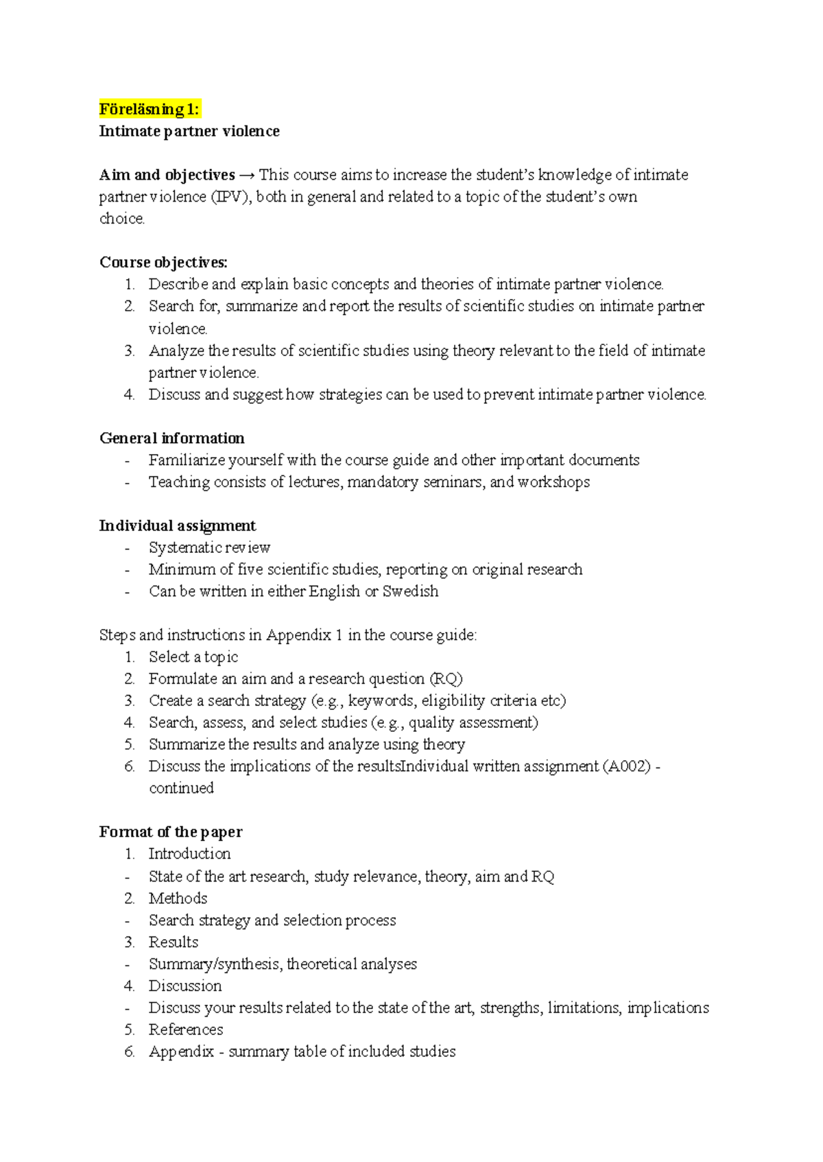 Föreläsning 1: Intimate Partner Violence (IPV) - Overview and Theories ...