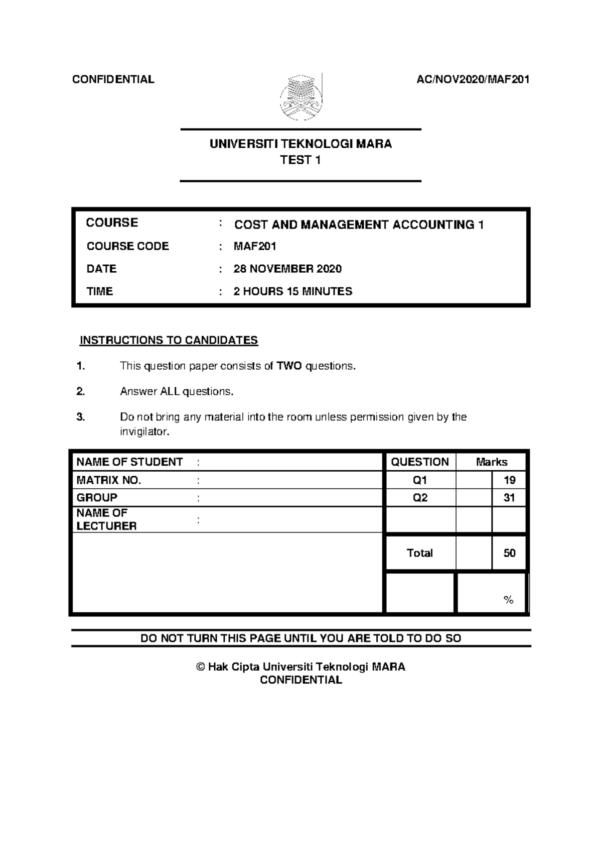 CT MAF201 Test 1 Questions - Cost and Management Accounting (Nov 2020 ...