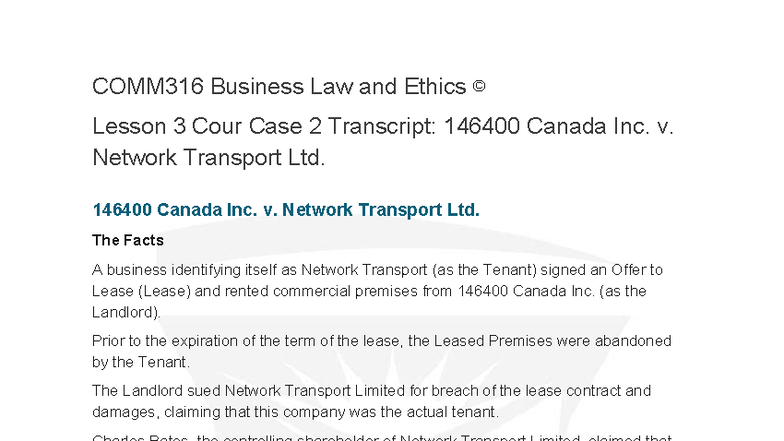 COMM316 Business Law & Ethics L3 Case 2: 146400 Canada Inc. v. Network ...
