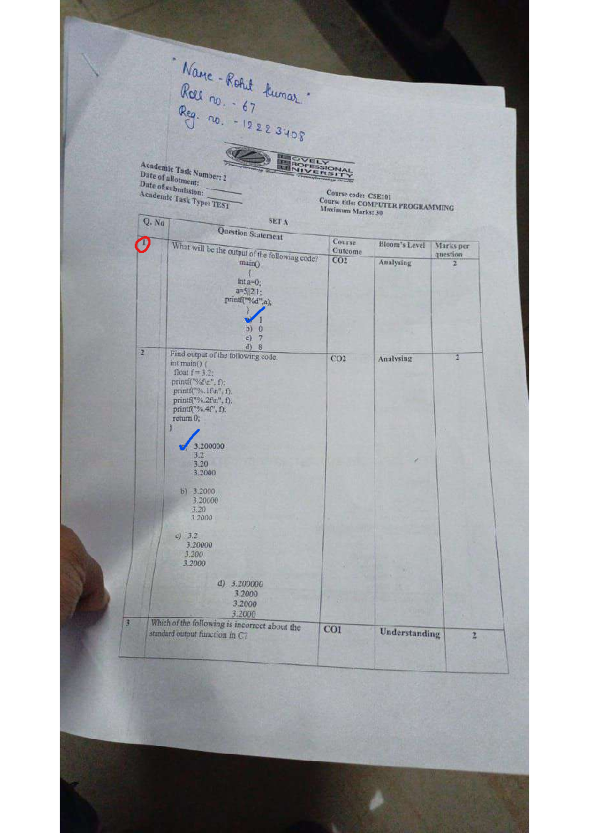 CSE101 Computer Programming Test Set A - Academic Task 2 - Studocu