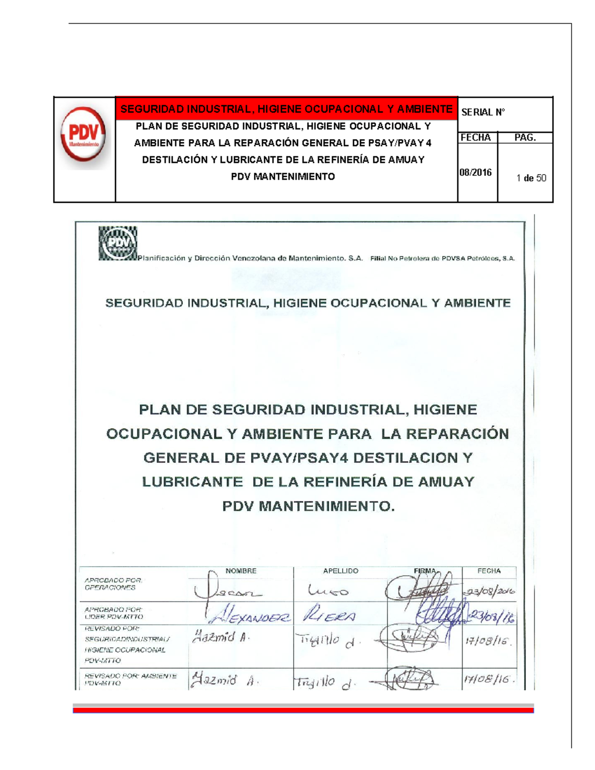 Plan de Seguridad Industrial y Ambiental - PSAY/PVAY 4 08/2016 - Studocu