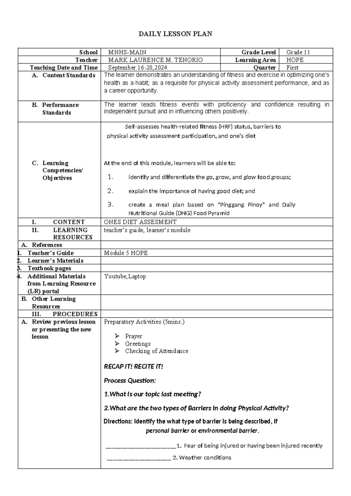 Hope week 6-Q1 - useful - DAILY LESSON PLAN School MNHS-MAIN Grade ...