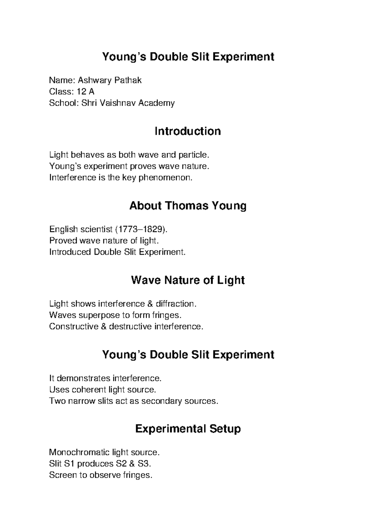 Young's Double Slit Experiment - Class 12 A Notes - Studocu