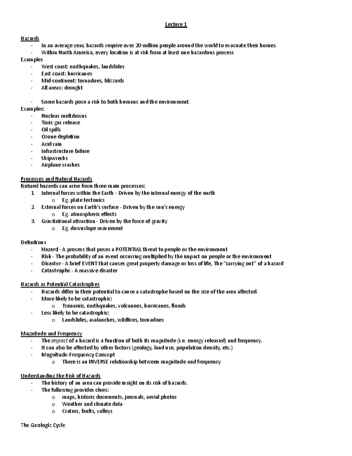 2152 Geo of Hazards Notes 1 - Lecture 1 Hazards In an average year ...