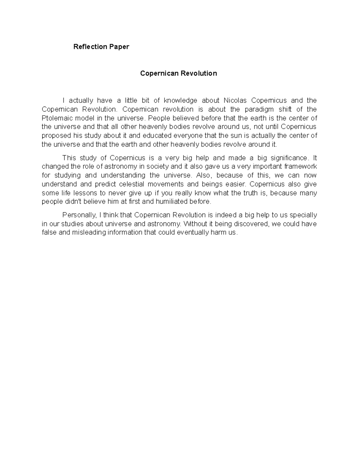 Sts - Reflections - Reflection Paper Copernican Revolution I actually ...