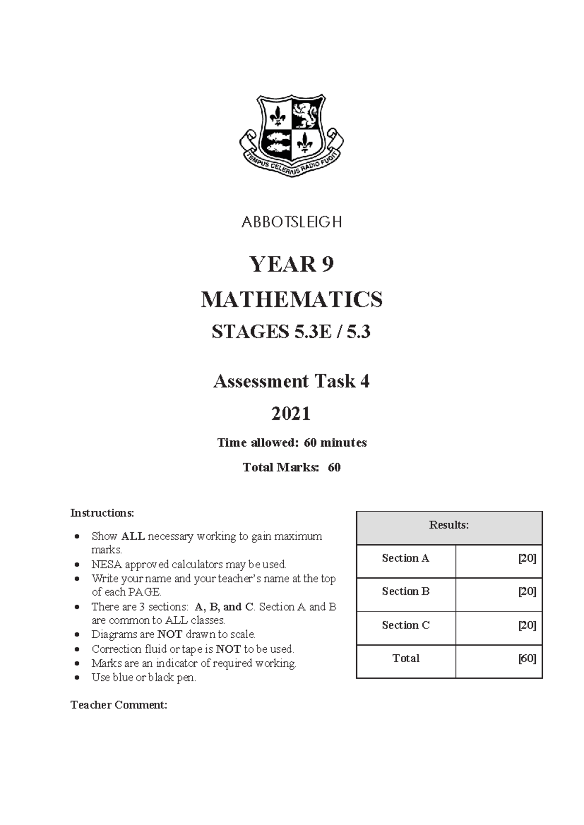 Year 9 Maths Assessment Task 4 (Stages 5.3E) - 2021 - Studocu
