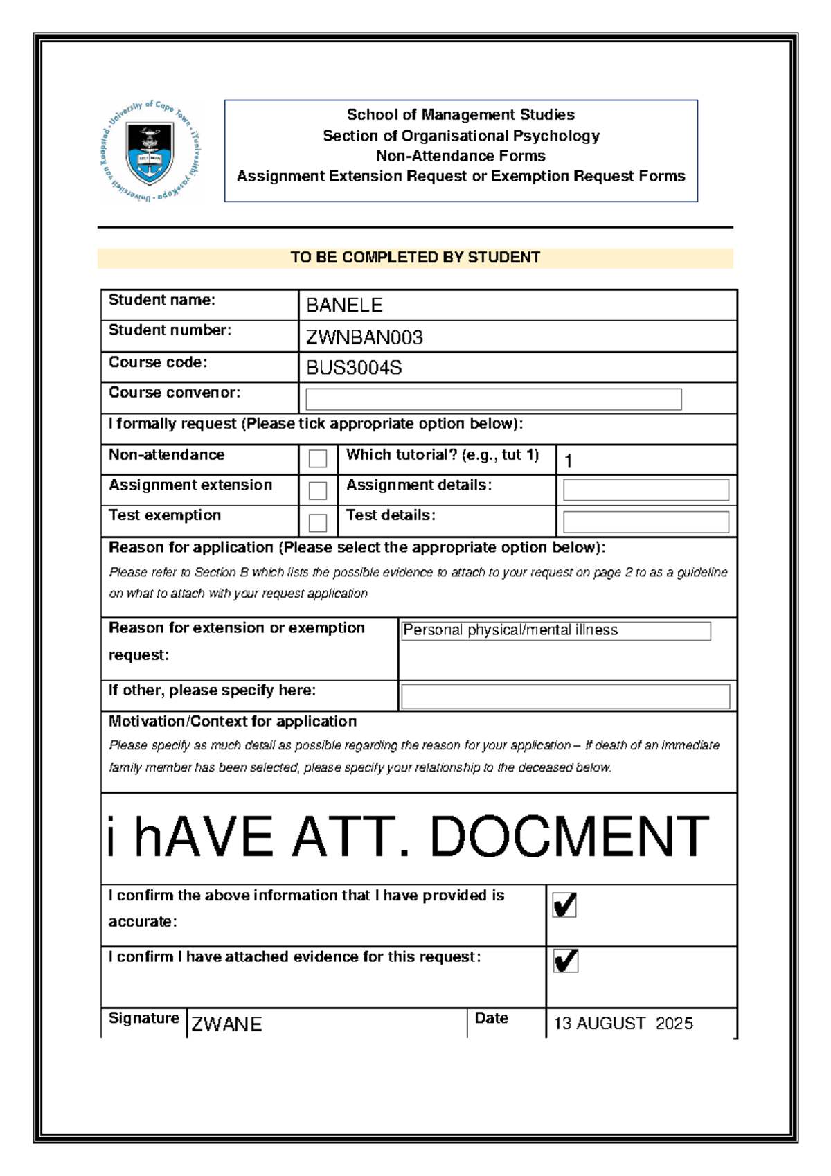 BUS3004S Organisational Psychology Assignment Extension Request Form ...
