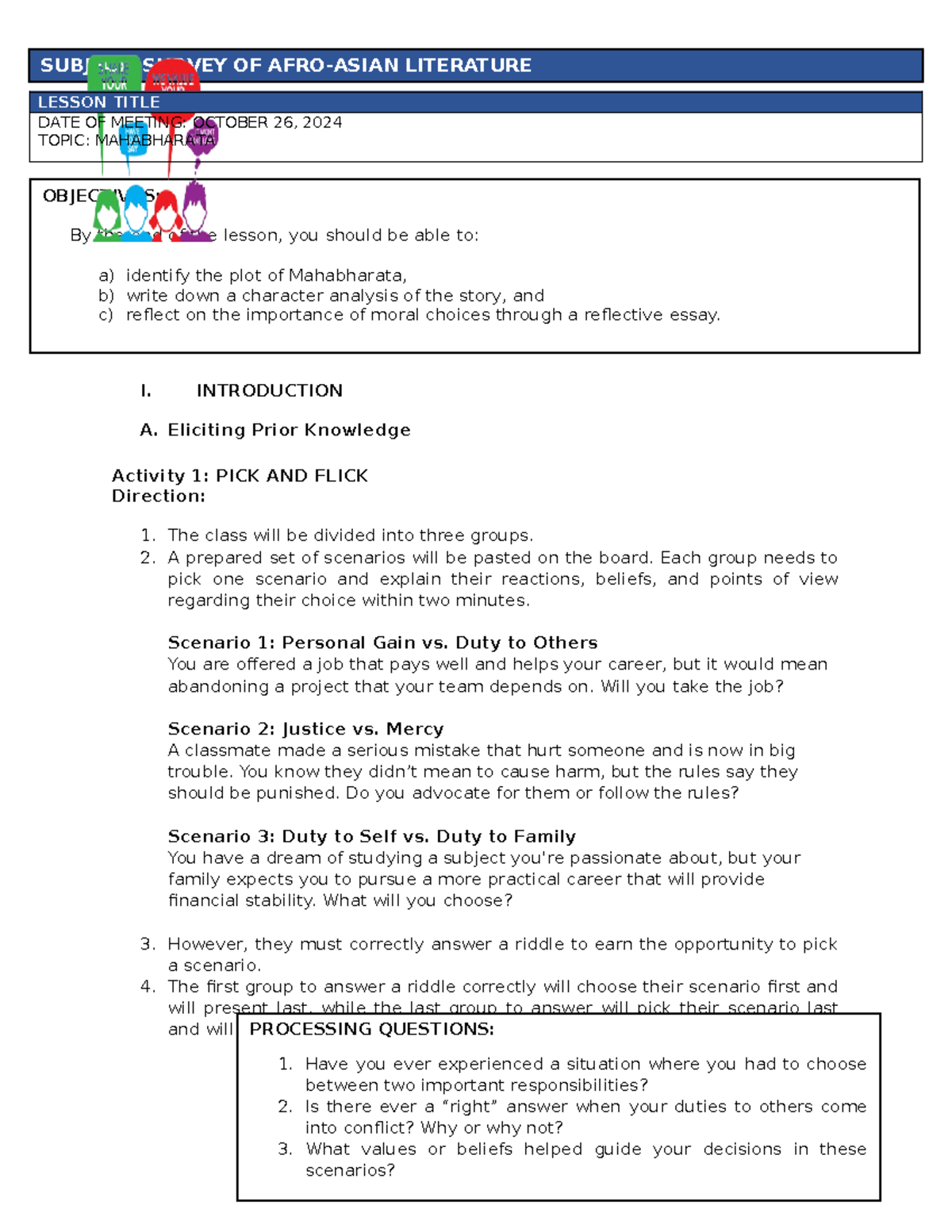 Mahabharata Final Lesson Plan: Exploring Moral Choices in Literature ...