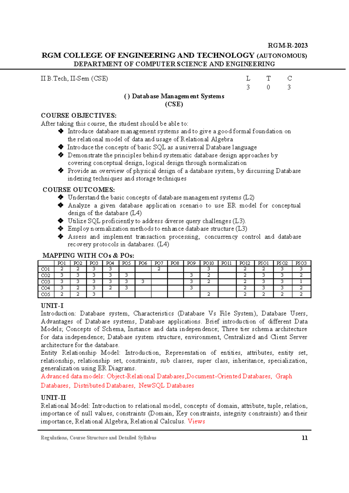 DBMS Syllabus for II B, II-Sem (CSE) - Course Objectives & Outcomes ...