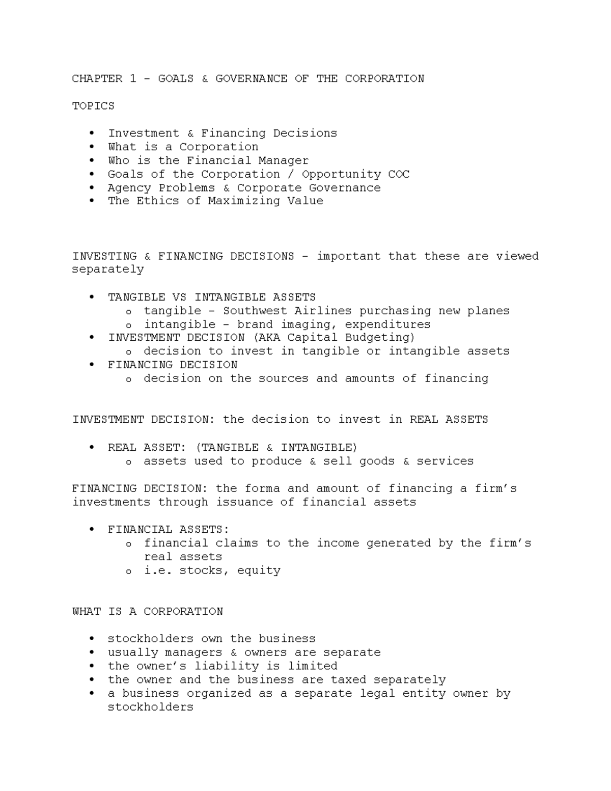 FINAN 3040 - CH. 1 Notes - BRIAN JOHNSON - CHAPTER 1 GOALS GOVERNANCE ...