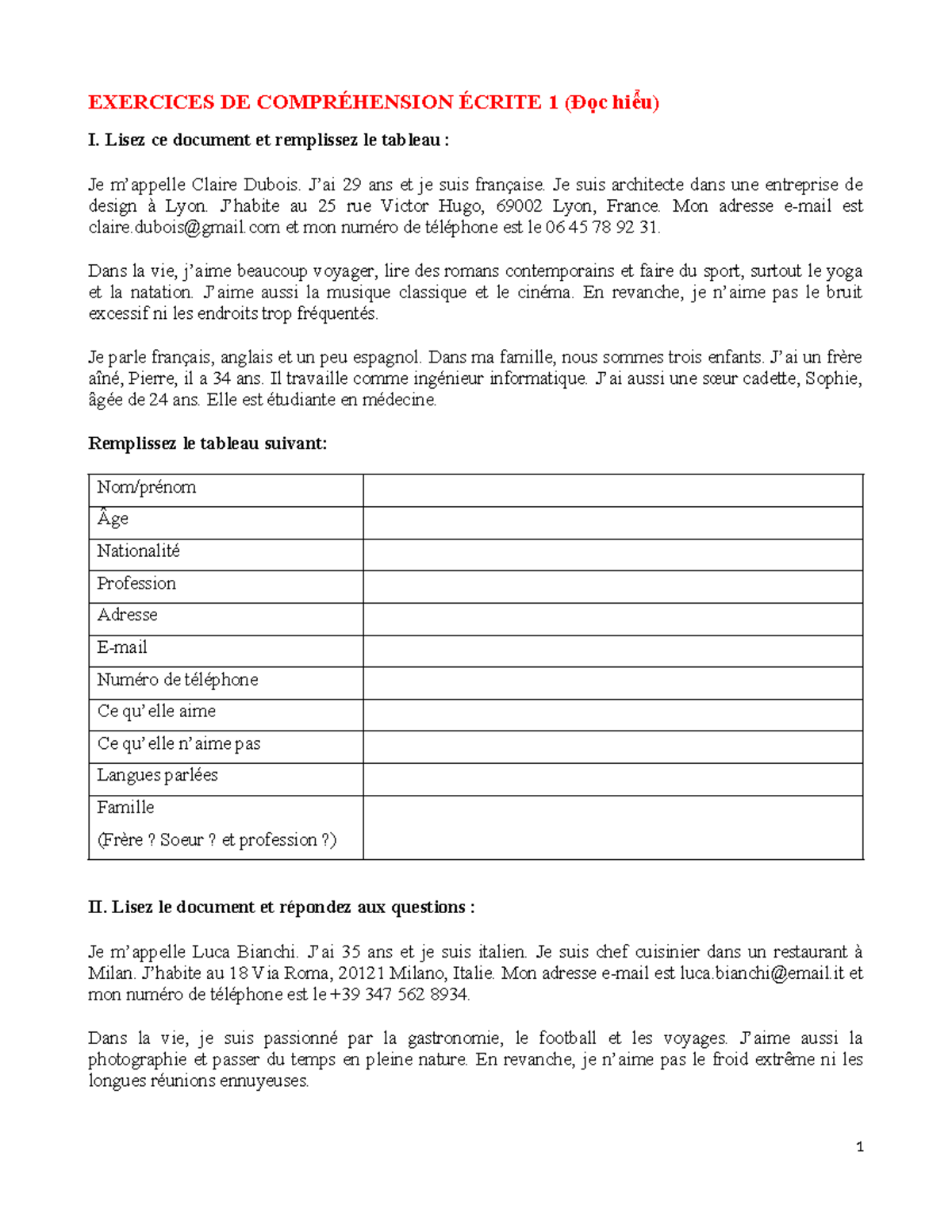 Exercices de Compréhension Écrite 1 (CE 1) - Lecture et Réponses