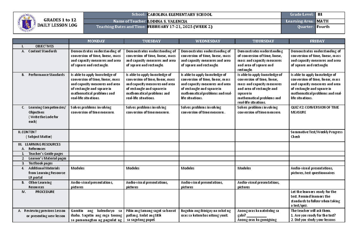 Daily Lesson Log (DLL) Math 3 Q4 W2: Time Conversion Activities - Studocu