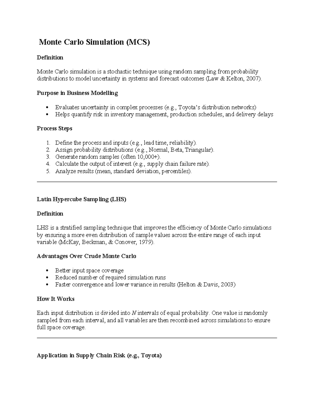 MCS Lecture Notes: Monte Carlo Simulation & LHS in Business Modeling ...